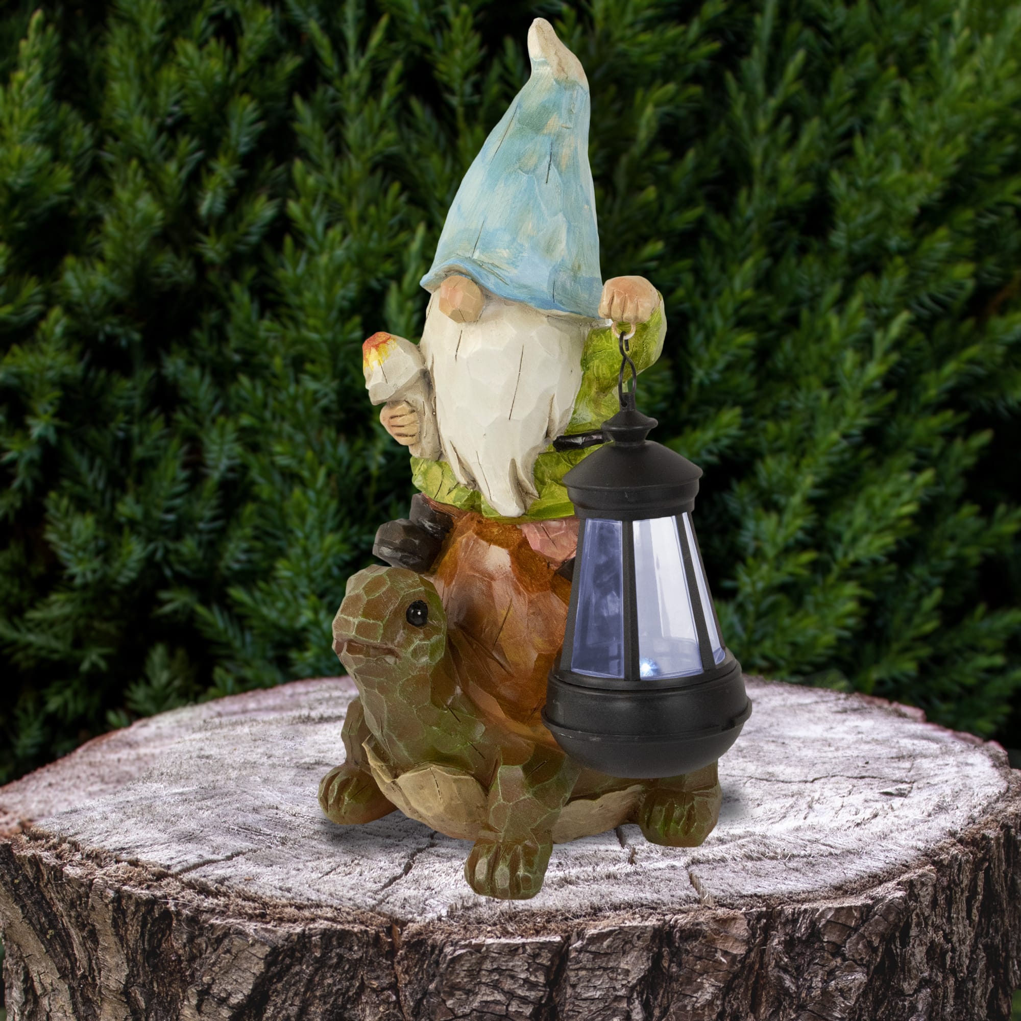 12.5&#x22; Solar LED-Lit Gnome &#x26; Turtle Outdoor Garden Statue