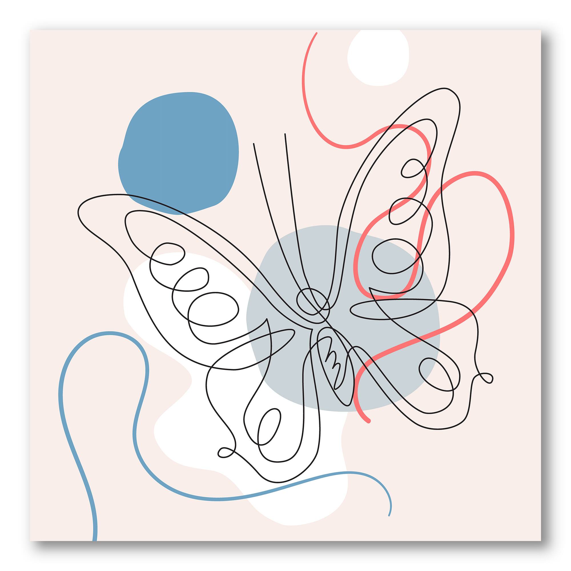 Designart - Butterfly One Line Drawing On Cubism Shapes III - Modern Canvas Wall Art Print