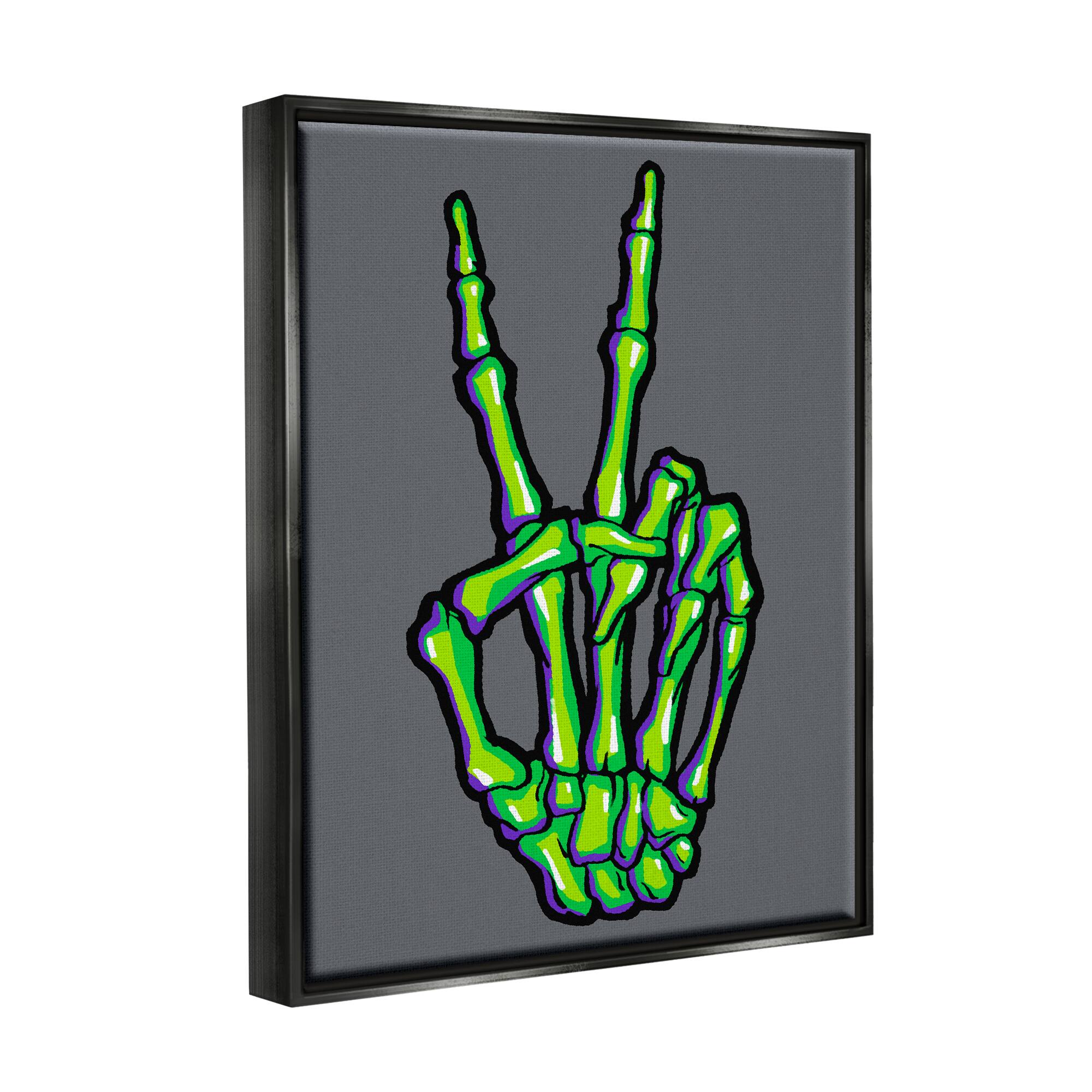 Stupell Industries Green Skeleton Peace Hand Framed Floater Canvas Wall Art