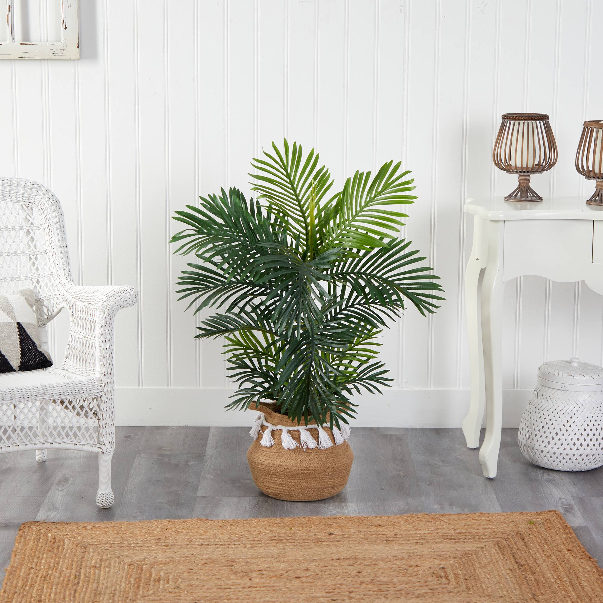 40&#x22; Areca Artificial Palm Tree in Boho Chic Handmade Natural Cotton Woven Planter with Tassels UV Resistant (Indoor/Outdoor)