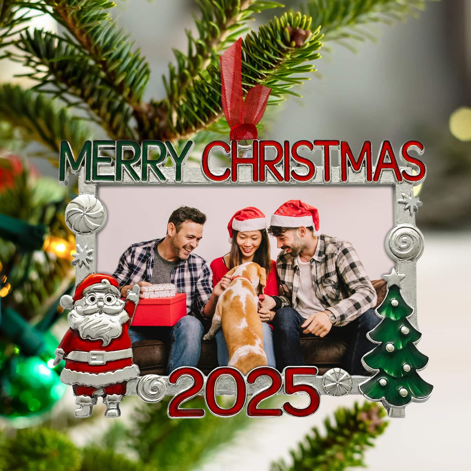 2&#x22; x 3&#x22; Silver, Red &#x26; Green Merry Christmas 2025 Metal Ornament Frame by Studio D&#xE9;cor&#xAE;