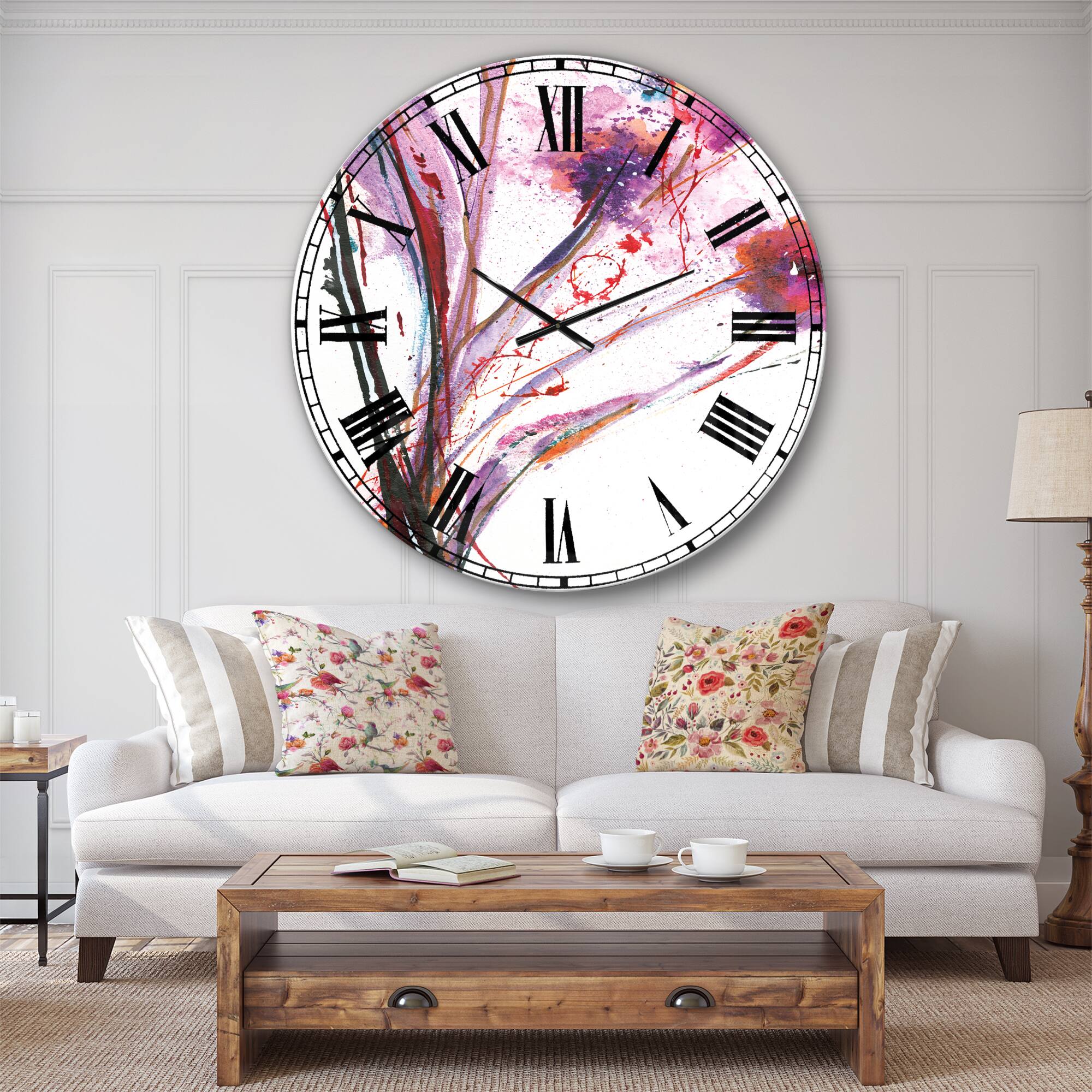 Designart &#x27;Abstract Purple Handpainted Flowers Traditional Wall Clock