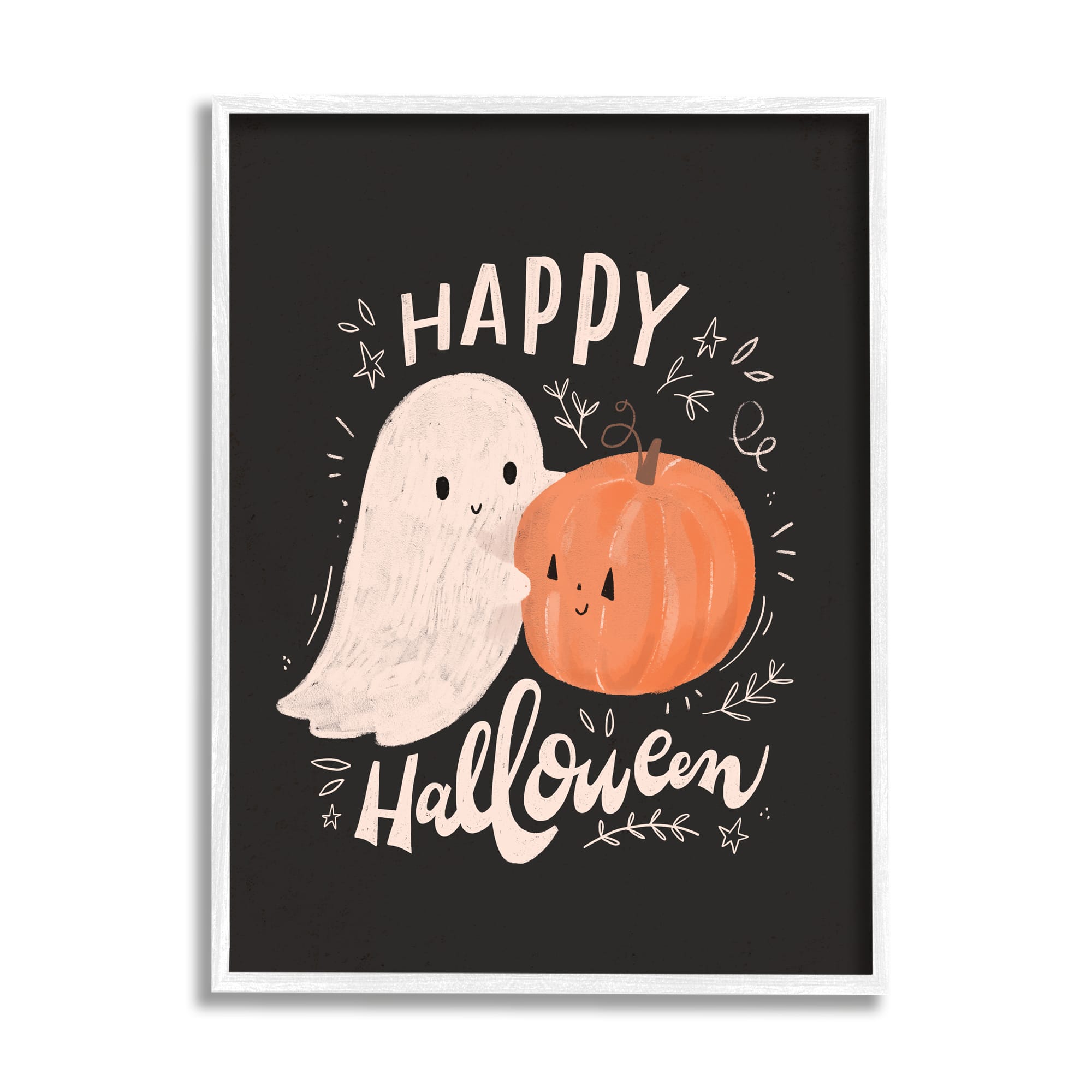 Stupell Industries Happy Halloween Smiling Ghost Pumpkin Framed Giclee Art