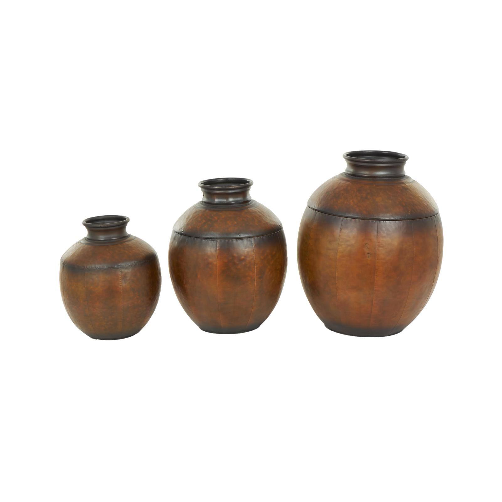 Brown Metal Antique Style Round Pot Floor Vase Set