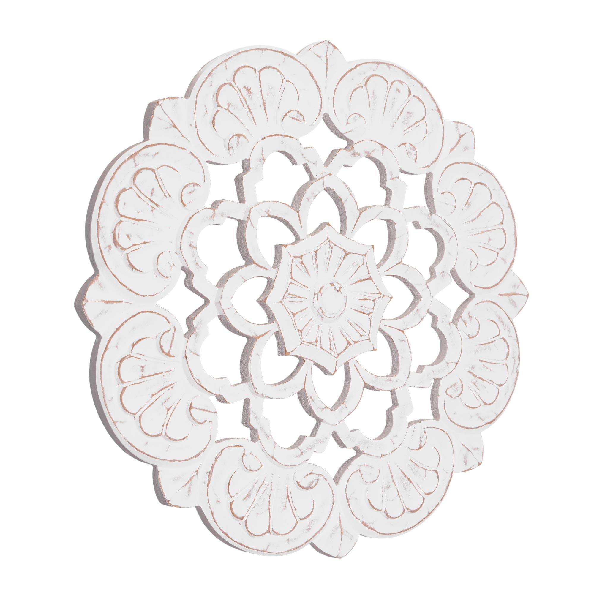 American Art D&#xE9;cor&#x2122; 24&#x22; Large White Traditional Hand-Carved India Wood Medallion