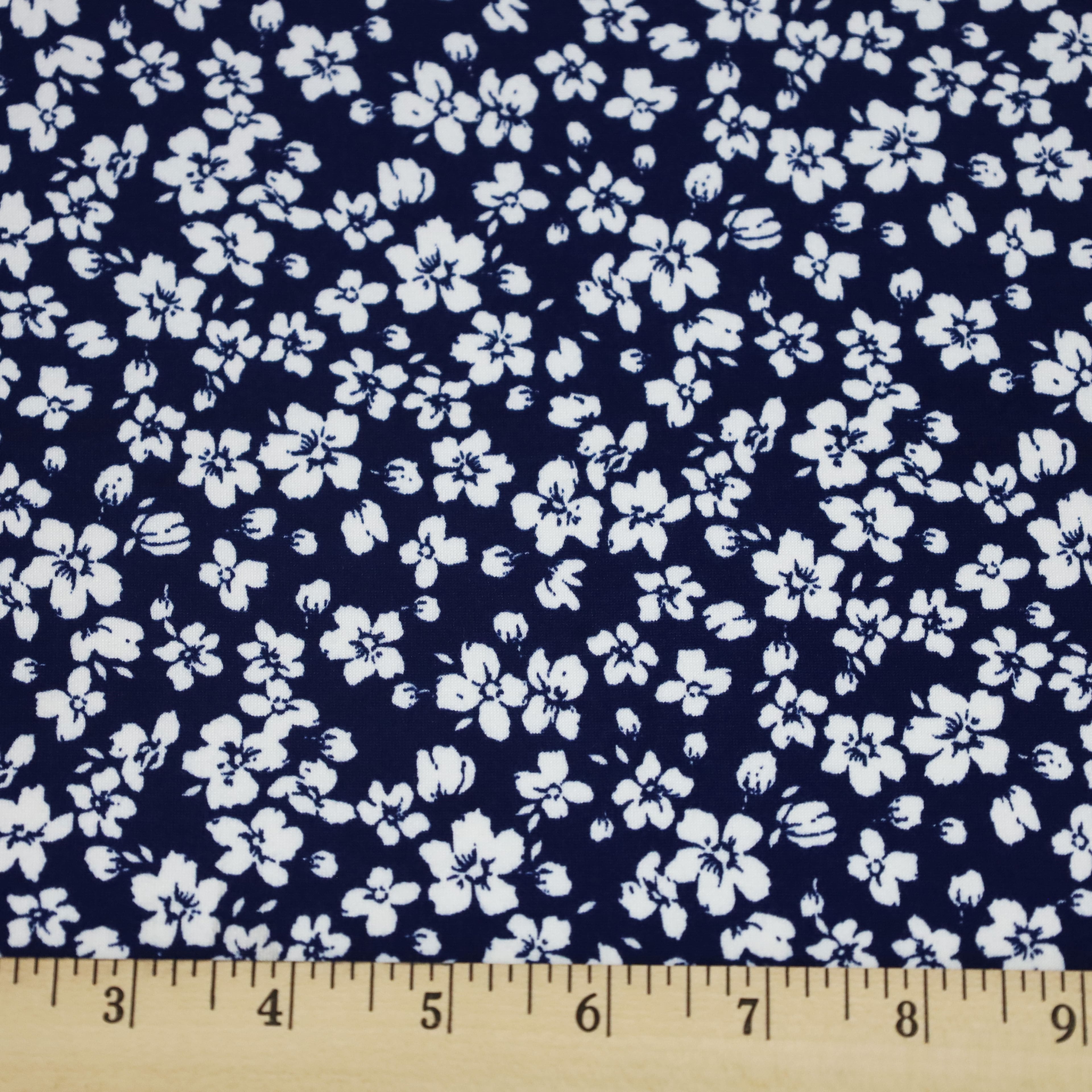 Fabric Merchants White Flowers on Navy Double Brushed Stretch Fabric