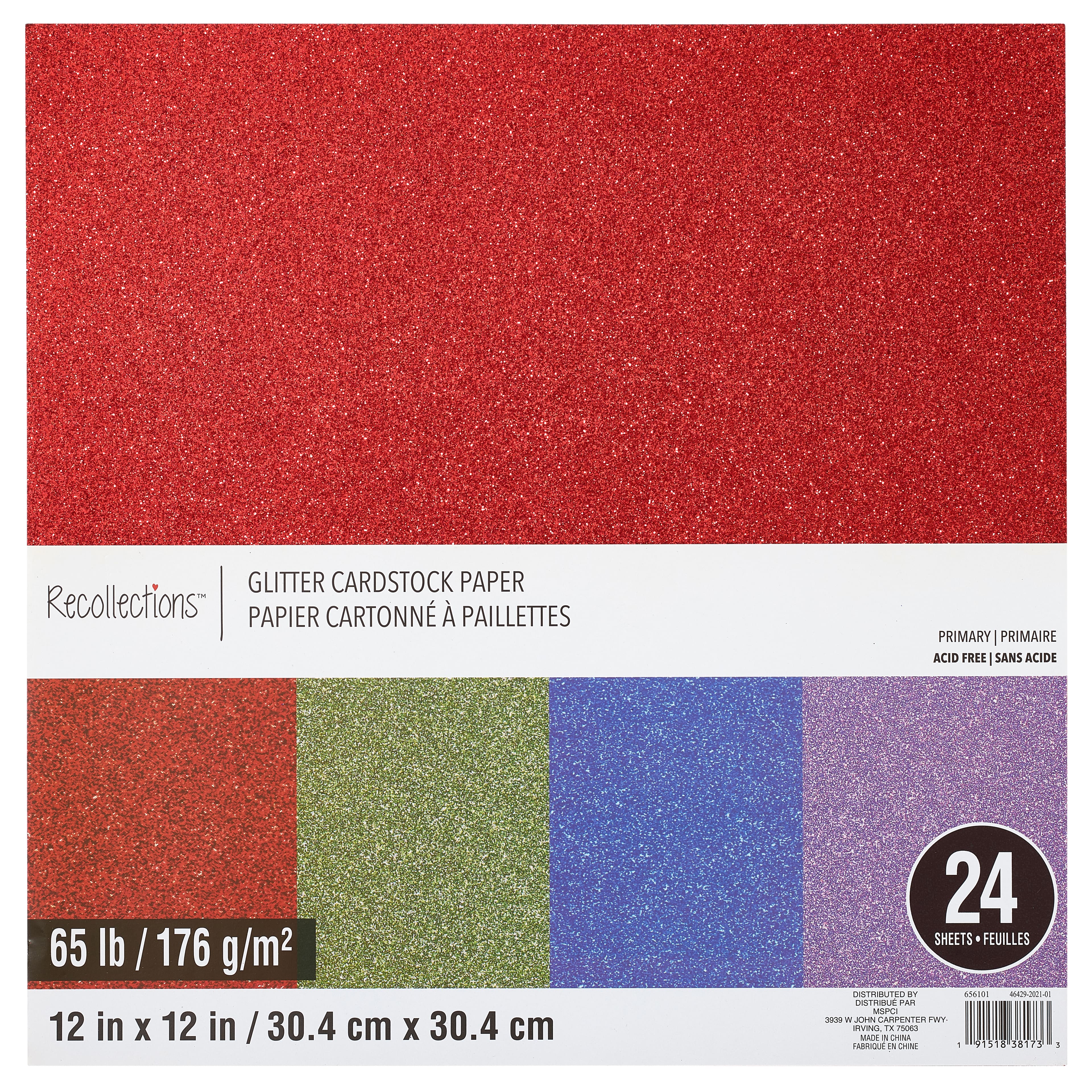 Glitter Primary 12 inch x 12 inch Cardstock Paper Pack by Recollections, 24 Sheets, Size: 12 x 12, Assorted