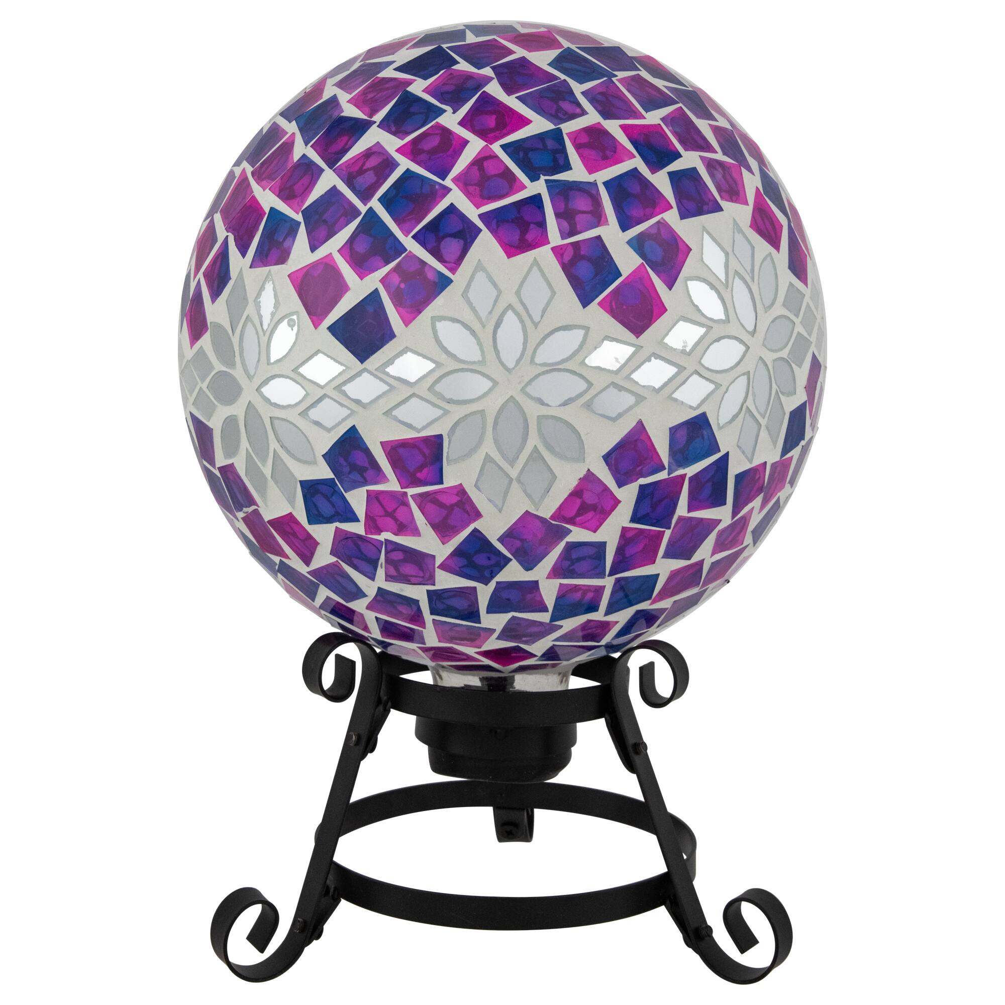 10&#x22; Purple, Pink &#x26; Silver Mosaic Floral Outdoor Garden Gazing Ball