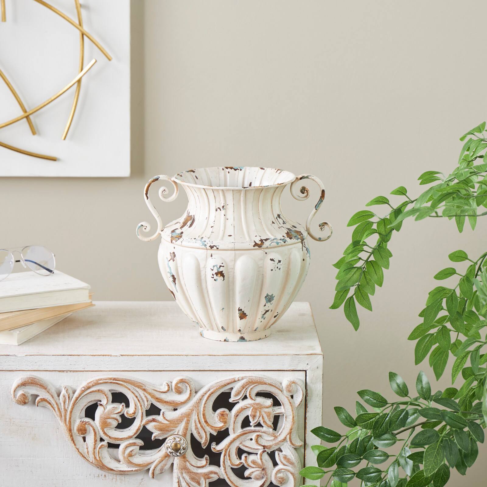 10" Distressed Cream Metal Vintage Amphora Vase