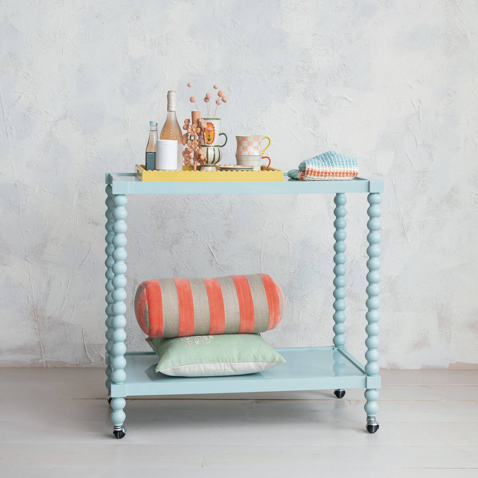 Hello Honey&#xAE; Blue Rubberwood 2-Tier Bar Cart on Wheels, Blue