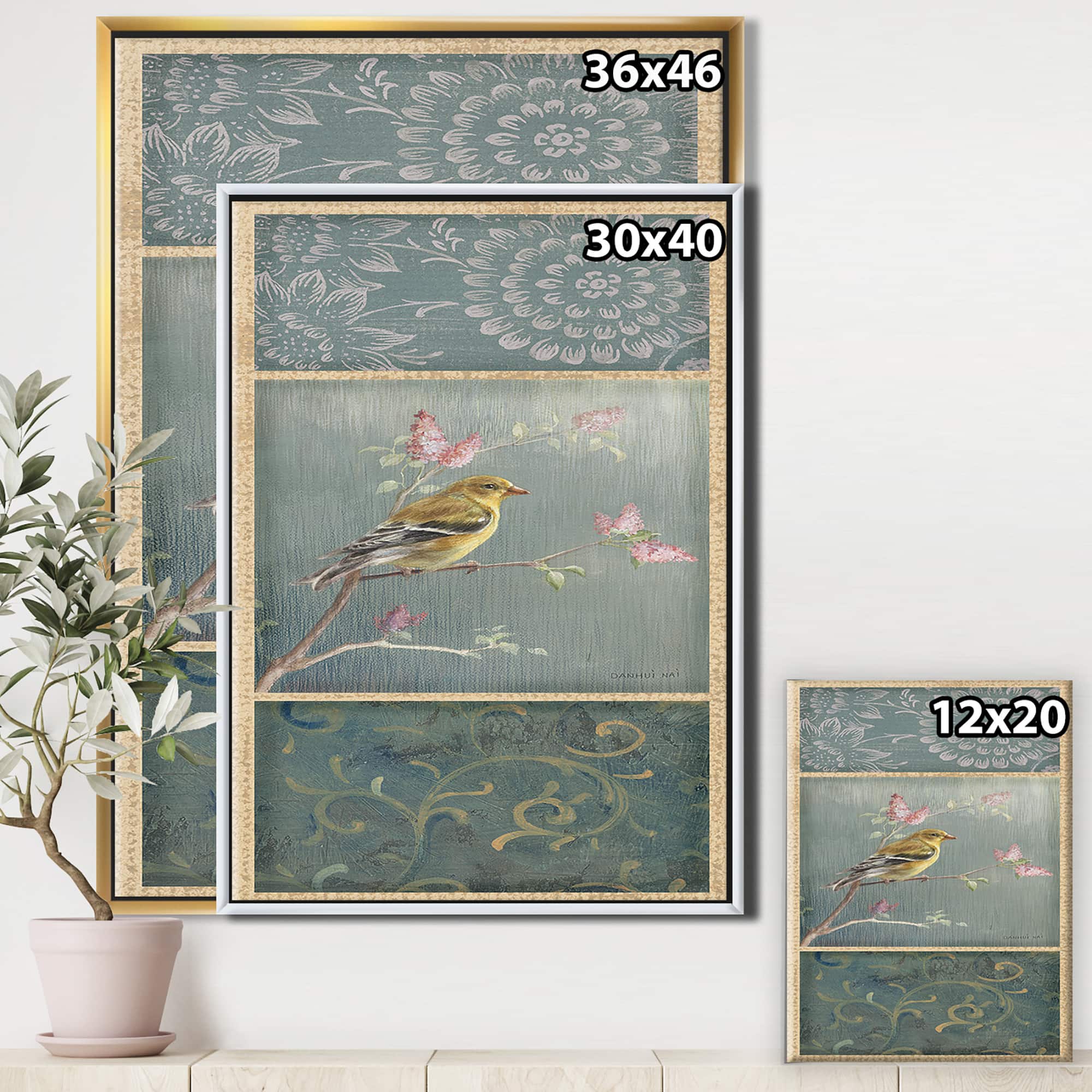 Designart - Farmhouse Triptych of Blue Ornaments And Chickadee Goldfinch - Farmhouse Canvas in Gold Frame