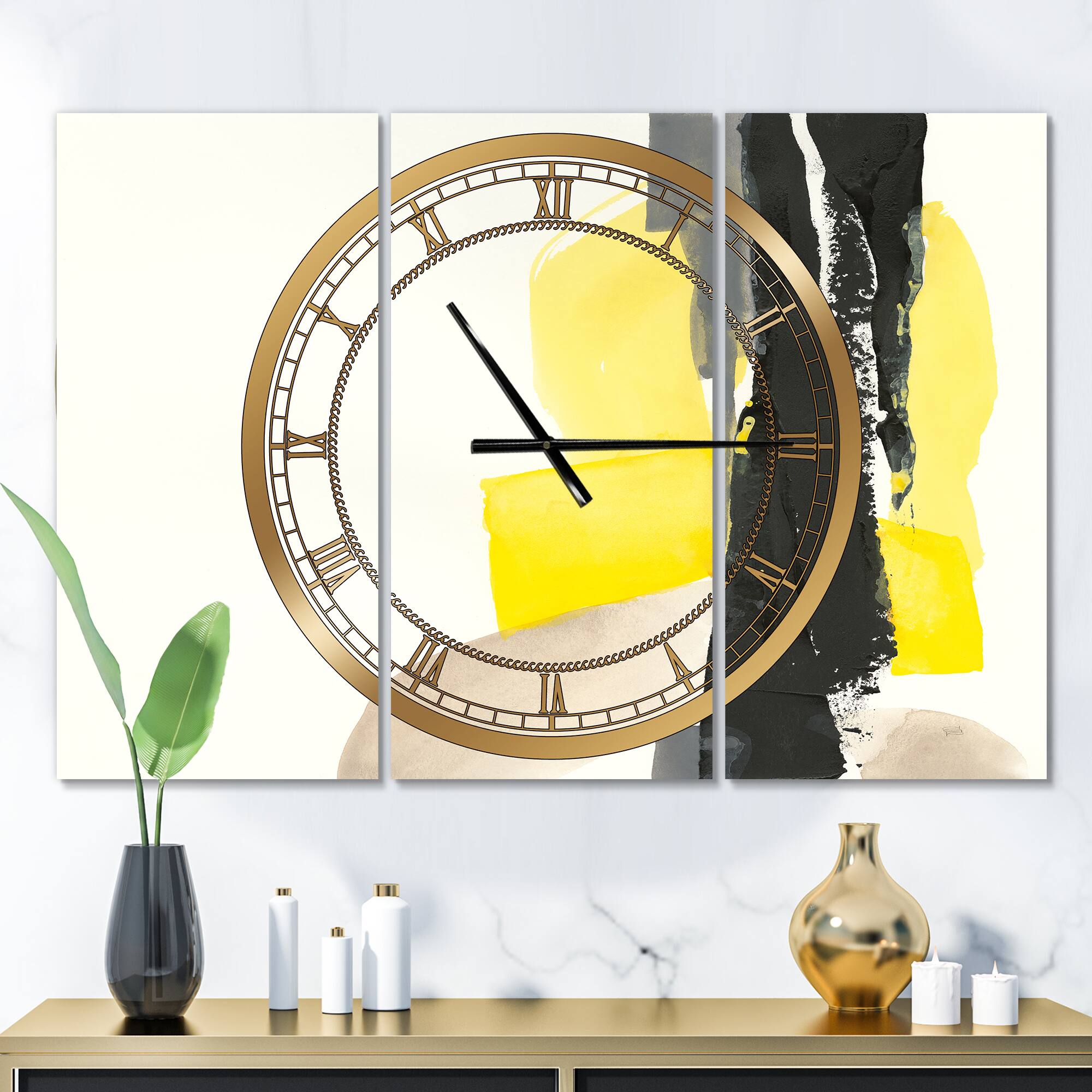 Designart 'Glam Black And Yellow Iii Modern Multipanel Wall Clock