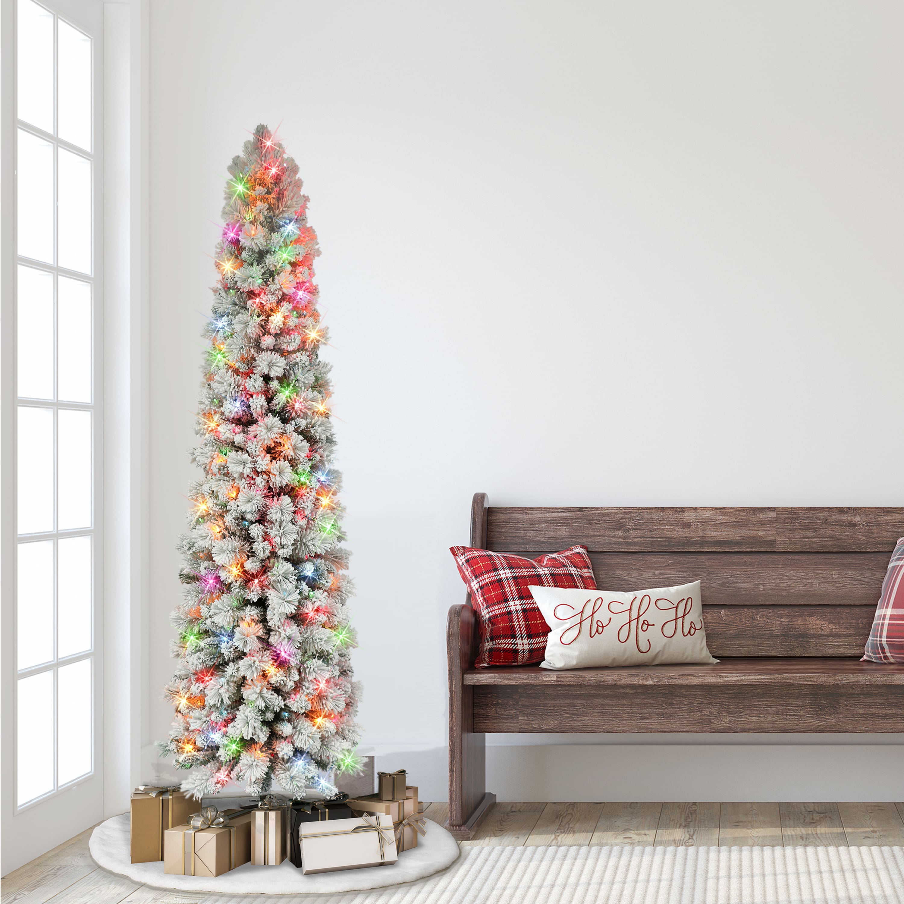 6.5ft. Pre-Lit Flocked Portland Pine Artificial Christmas Tree, Multicolored Lights