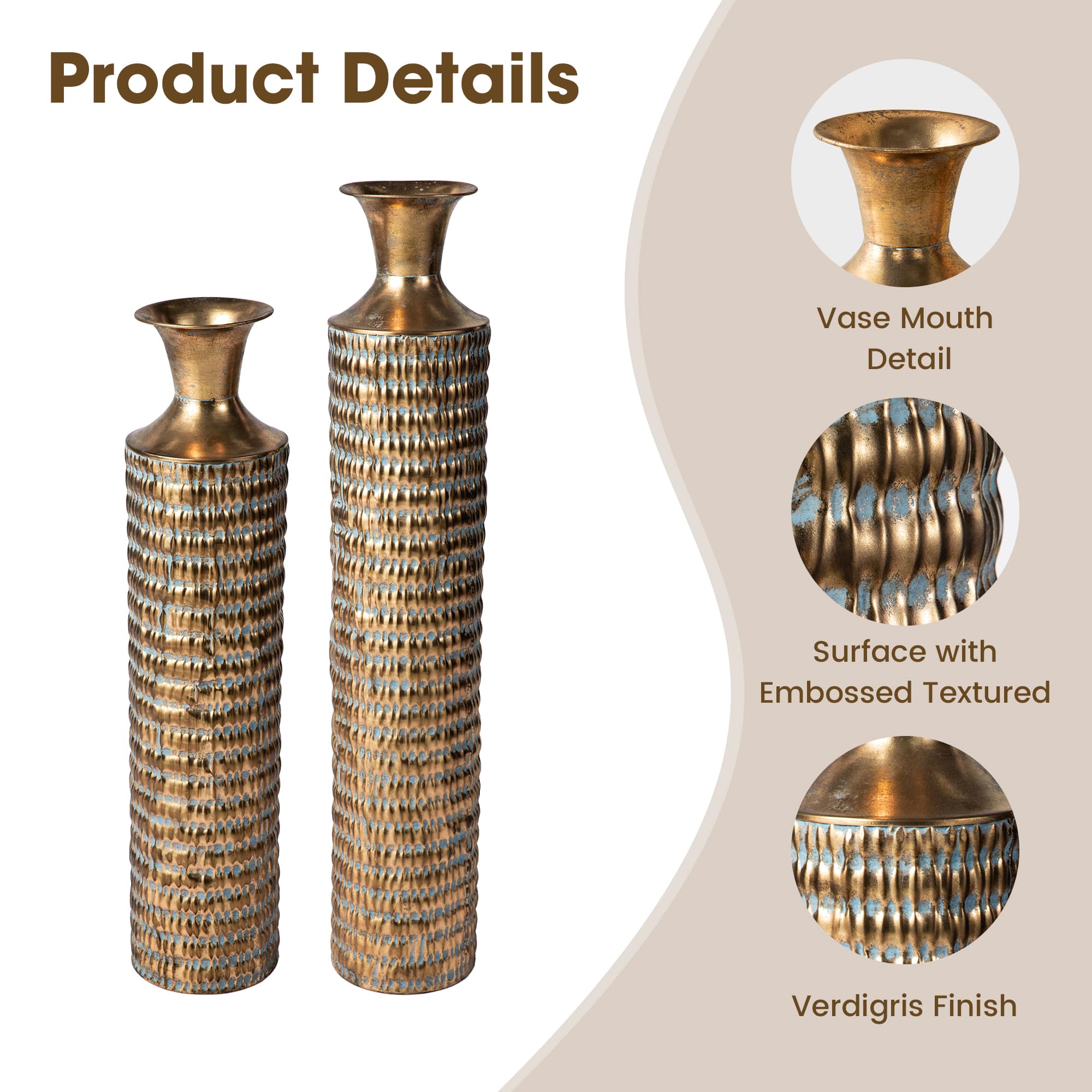 Glitzhome&#xAE;  Gold Embossed Verdigris Metal Floor Vases Set