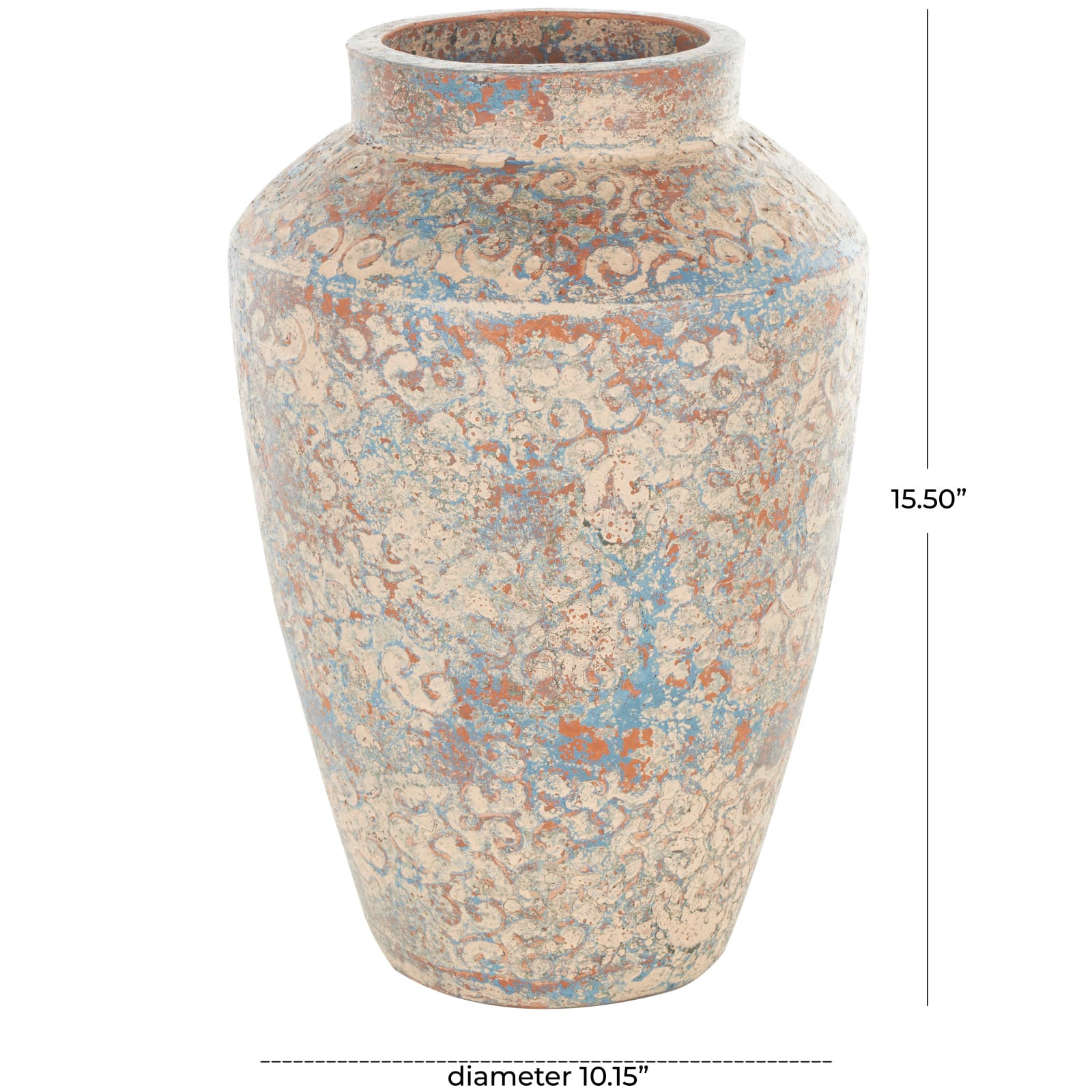 Beige, Blue & Copper Antique Ceramic Scroll Handmade Decorative Vase