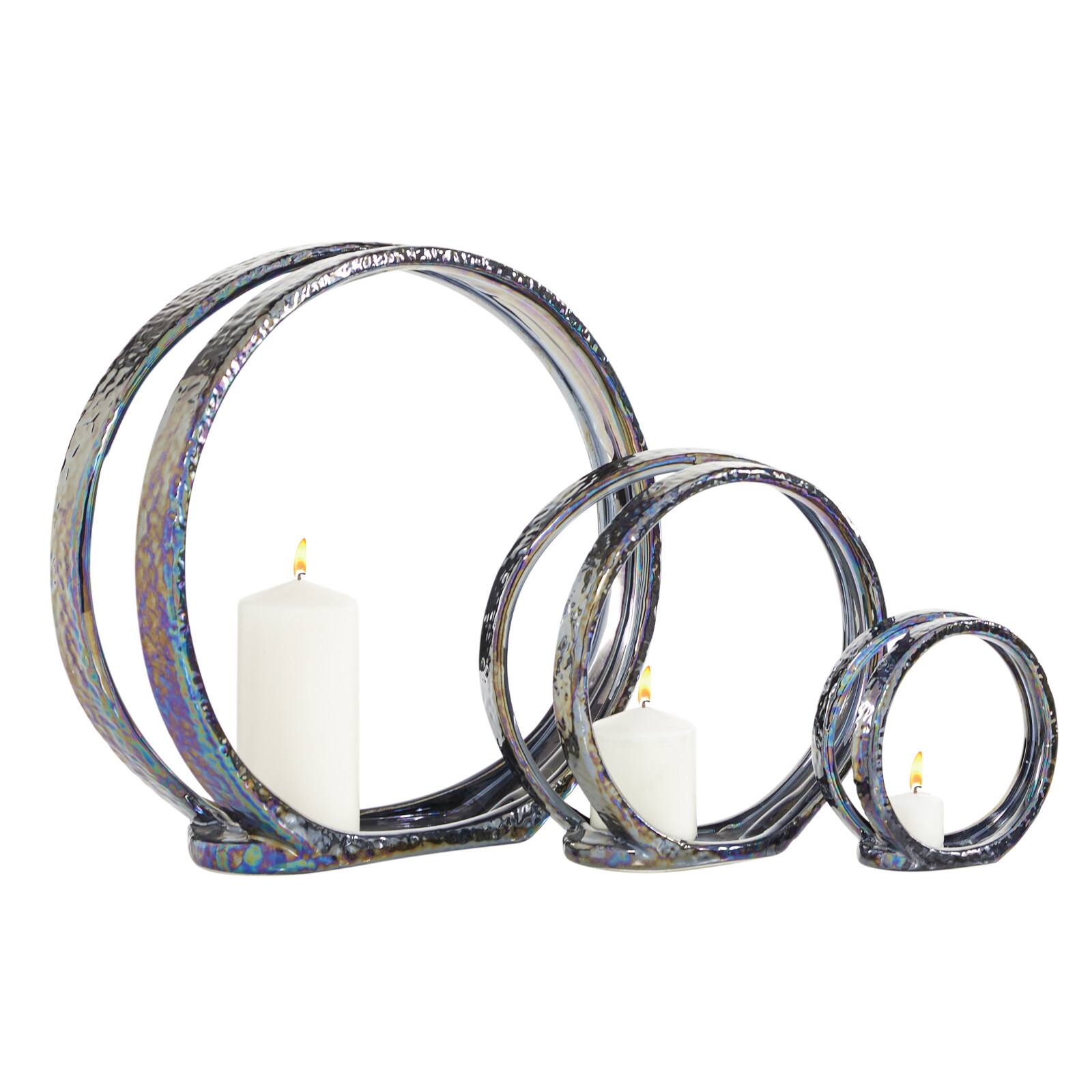 14" Silver Ceramic Glam Candlestick Holder Set