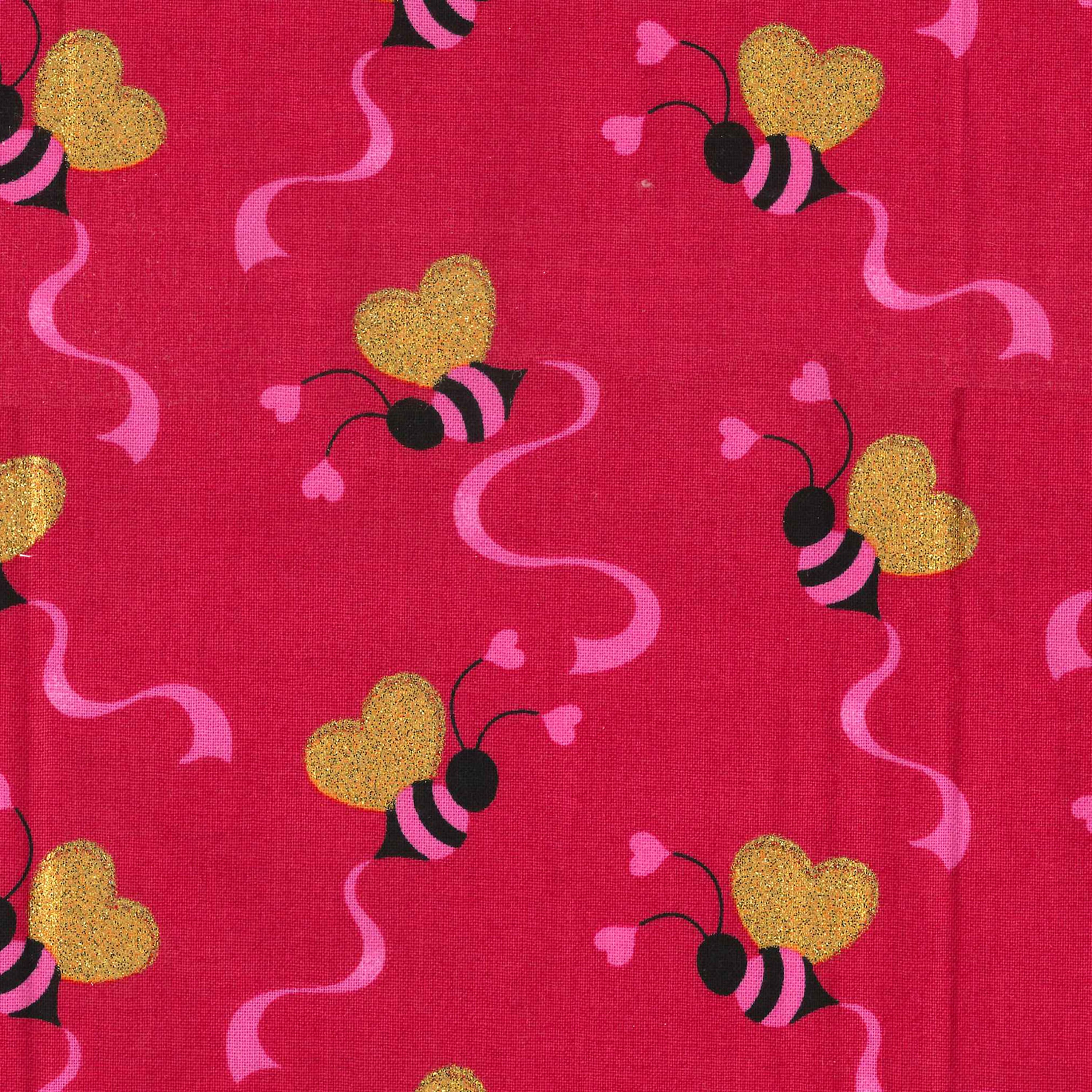 Valentine's Tossed Bees & Hearts Glitter Cotton Fabric