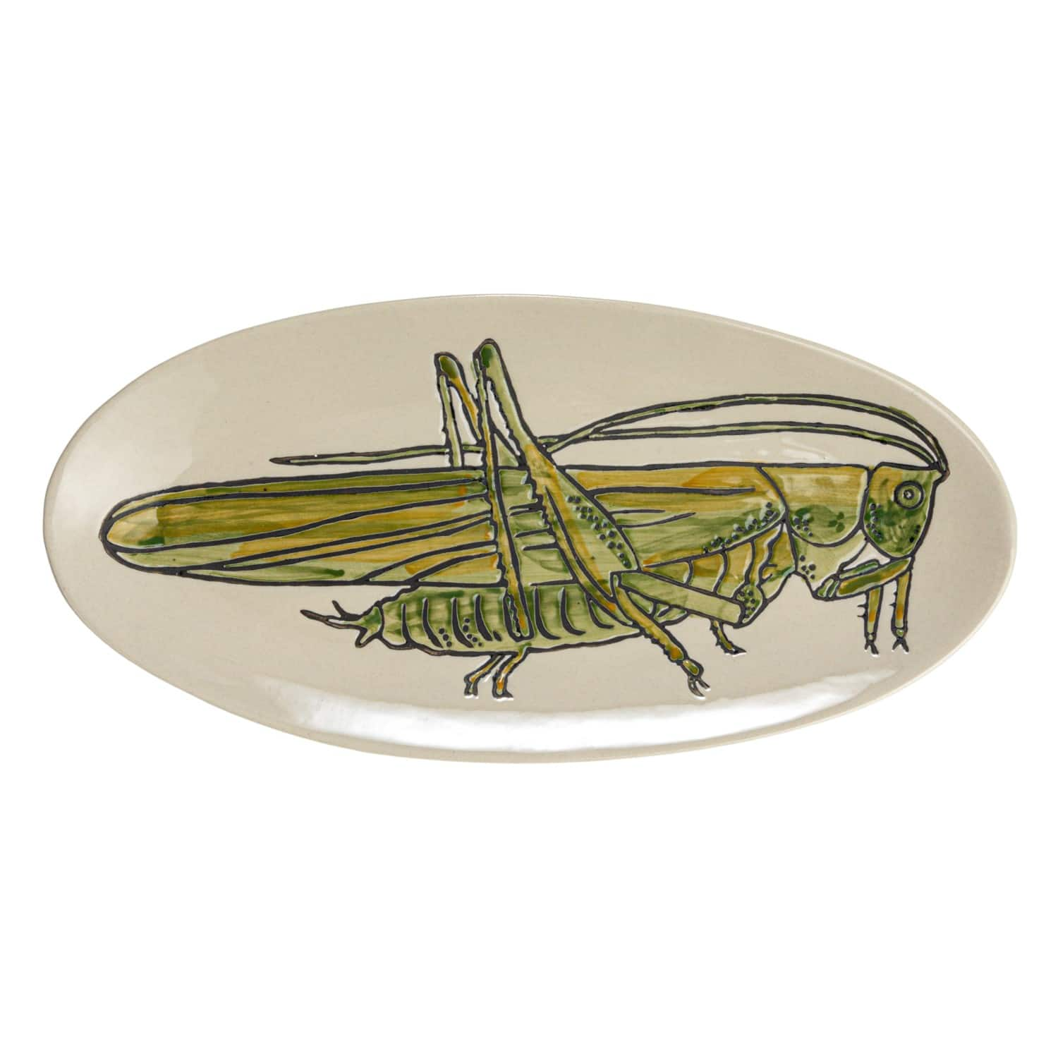 11.5&#x22; Green &#x26; White Hand-Painted Grasshopper Stoneware Plate