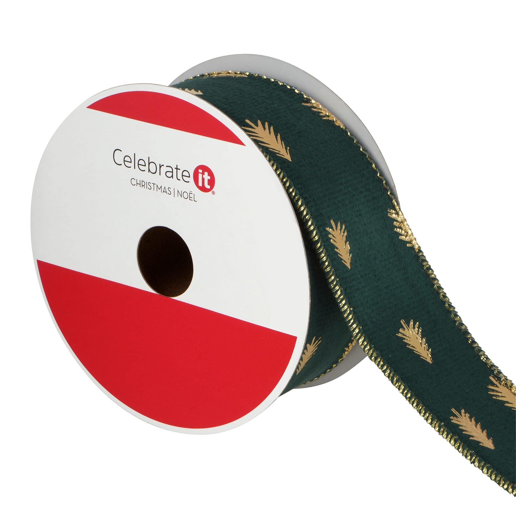 1.5&#x22; x 20ft. Green &#x26; Gold Trees Wired Ribbon by Celebrate It&#xAE;