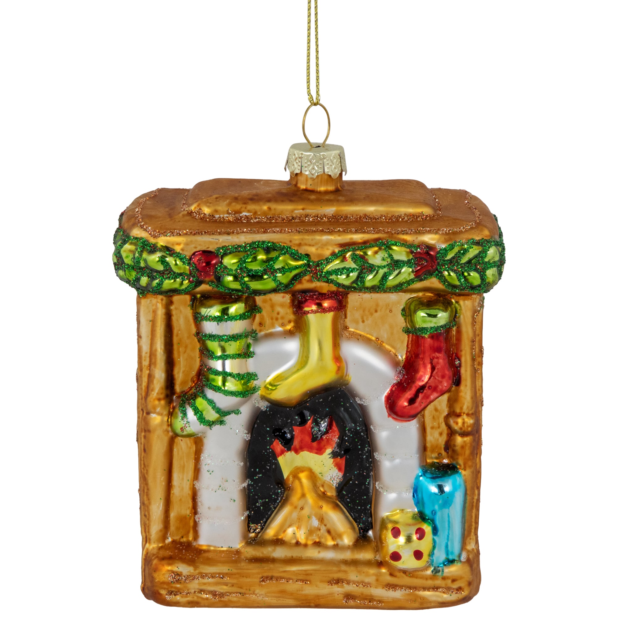 4&#x22; Bronze Glittered Fireplace Glass Christmas Hanging Ornament