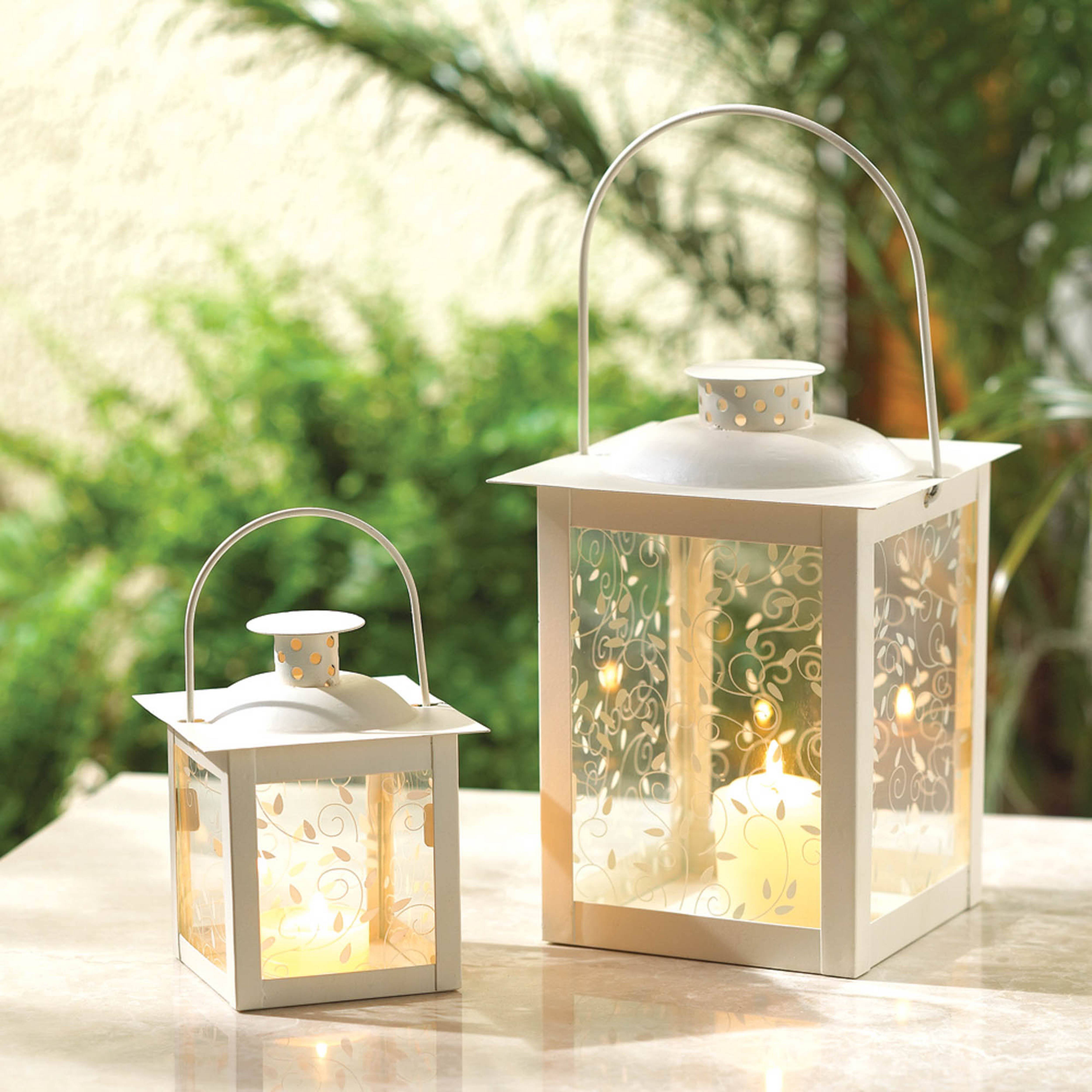 4.75" Small White Square Candle Lantern with Leaves