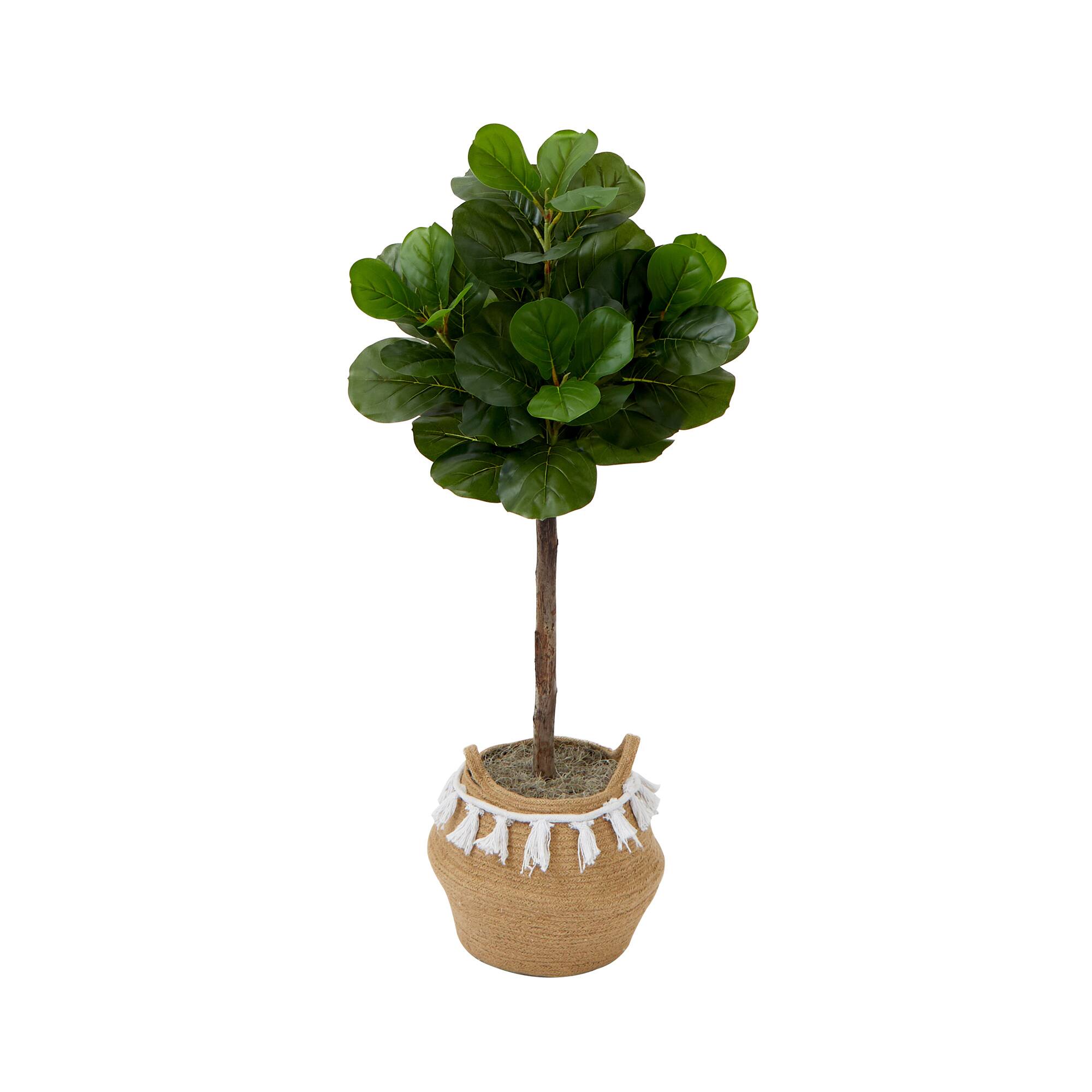 4ft. Artificial Fiddle Leaf Fig Tree with Handmade Jute & Cotton Basket with Tassels