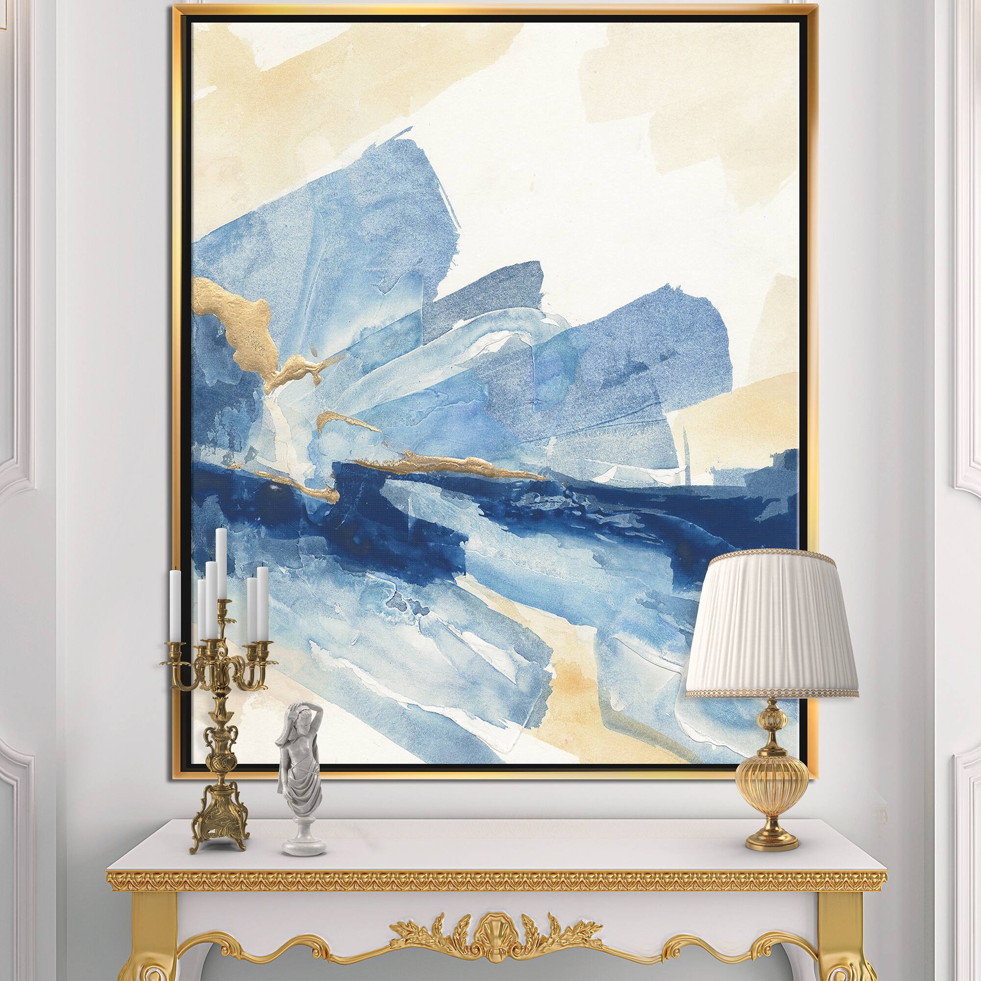 Designart - Metallic Gold Indigo I - Modern Glam Canvas in Gold Frame