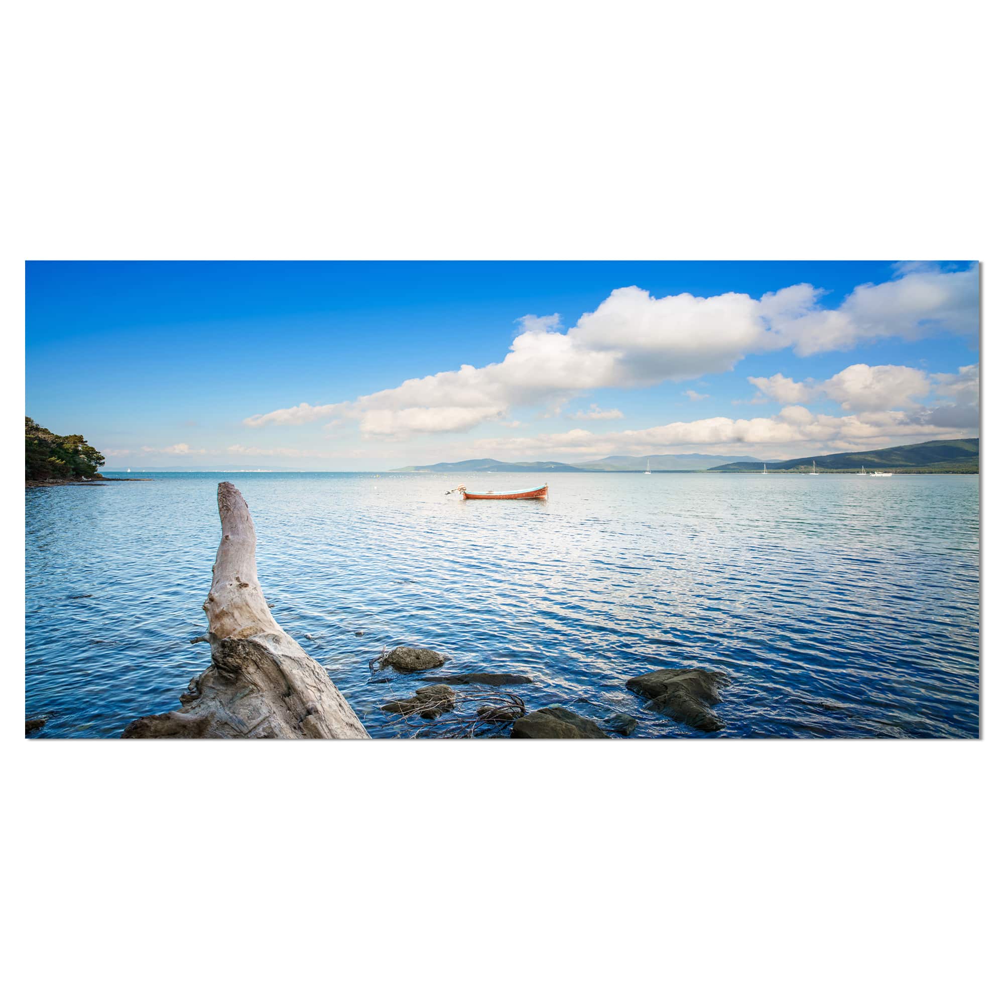 Designart - Small Wooden Boat and Tree Trunk - Extra Large Seashore Canvas Art