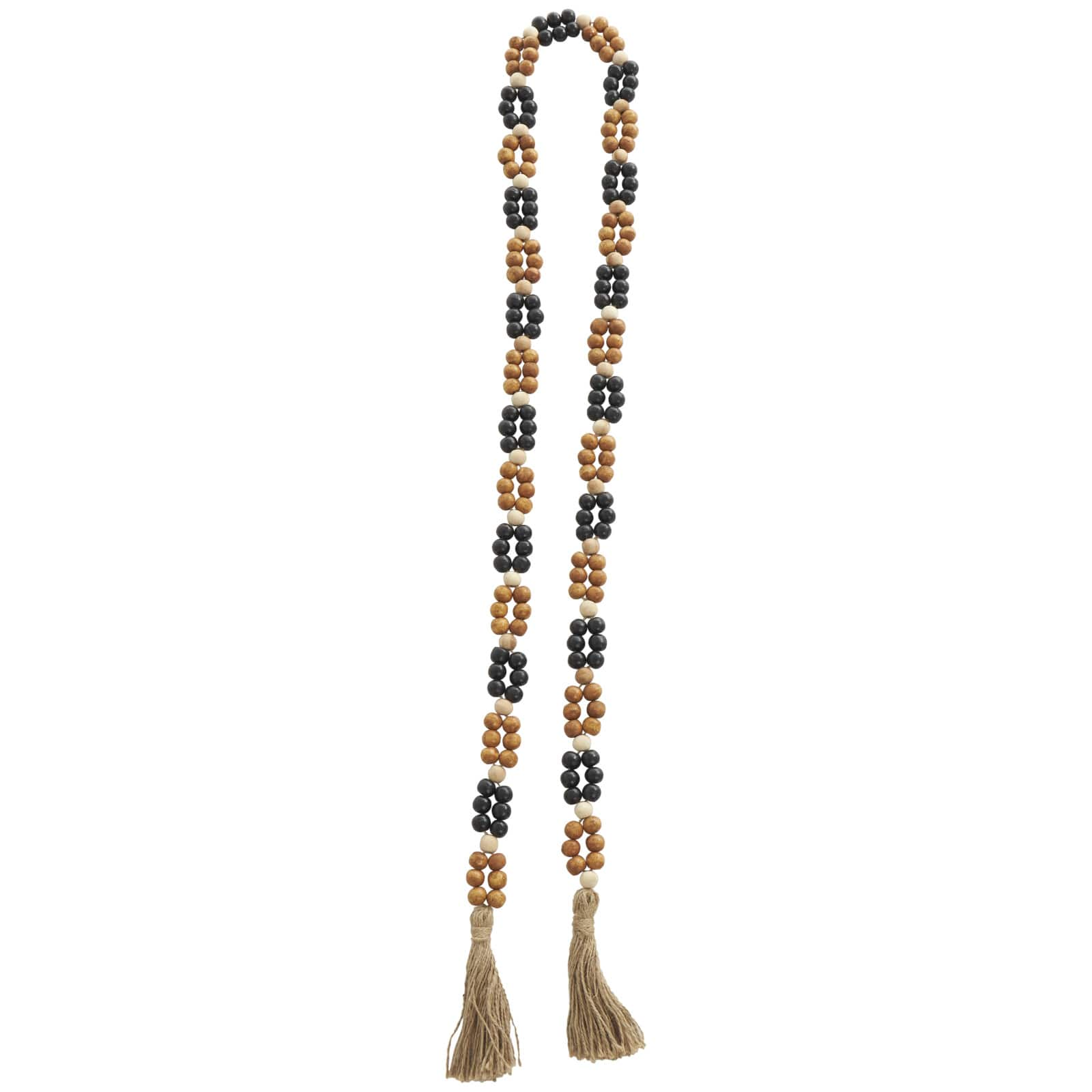 80&#x22; Handmade Mango Wood Round Double Layered Carved Bead Garland with Tassels