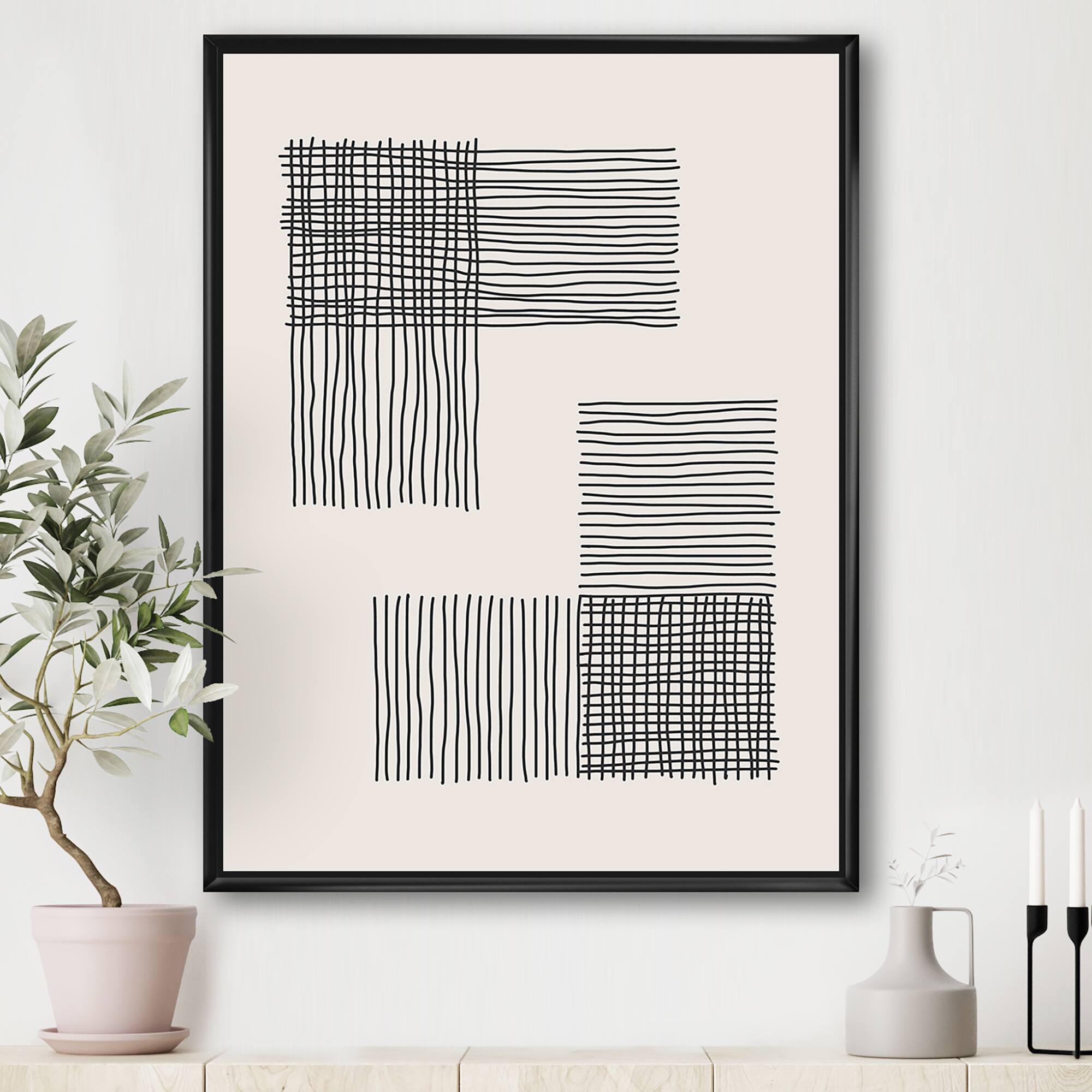 Designart - Minimal Geometric Compostions Of Elementary Forms XXI - Modern Canvas Wall Art Print in Black Frame