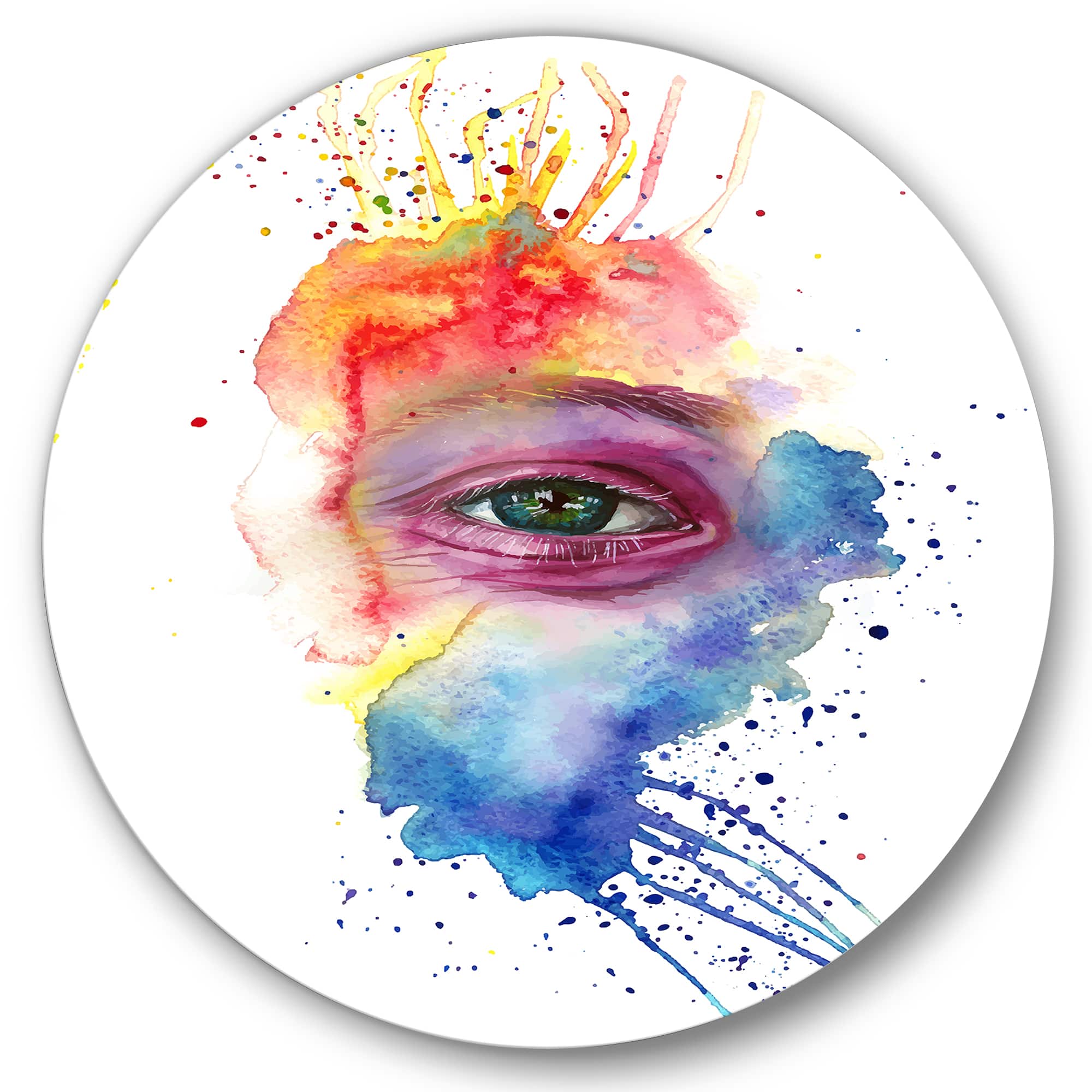 Designart - Detail of Eye In Multi-Colored Face Portrait - Bohemian & Eclectic Metal Circle Wall Art