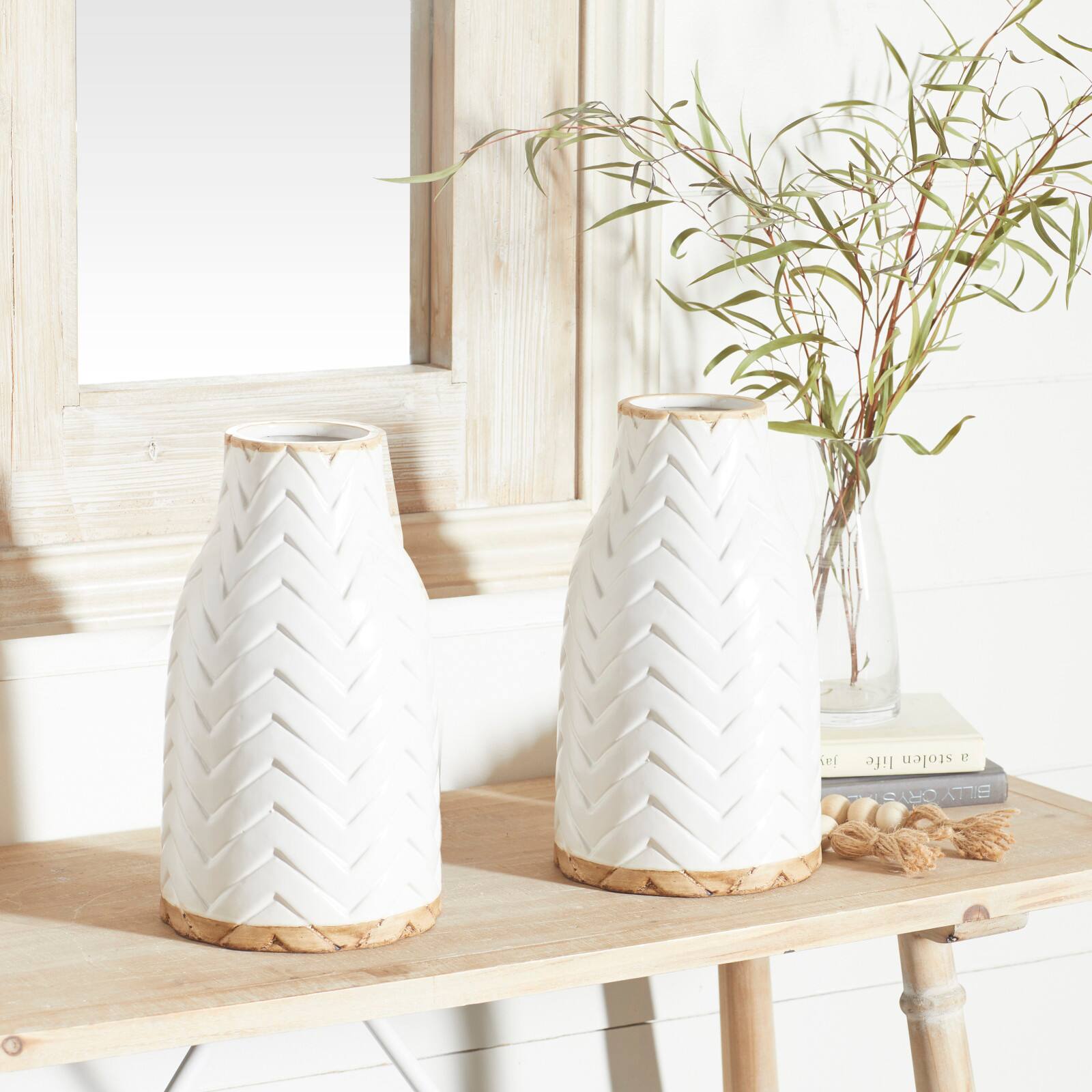 Set of 2 White Porcelain Contemporary Vase, 7" x 12"