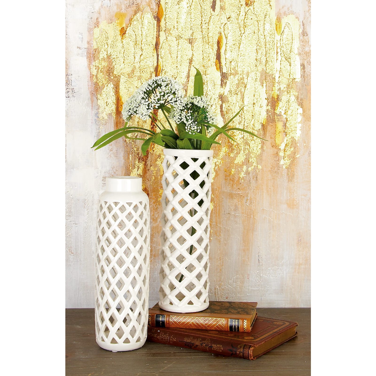 12&#x22; White Stoneware Modern Vase Set