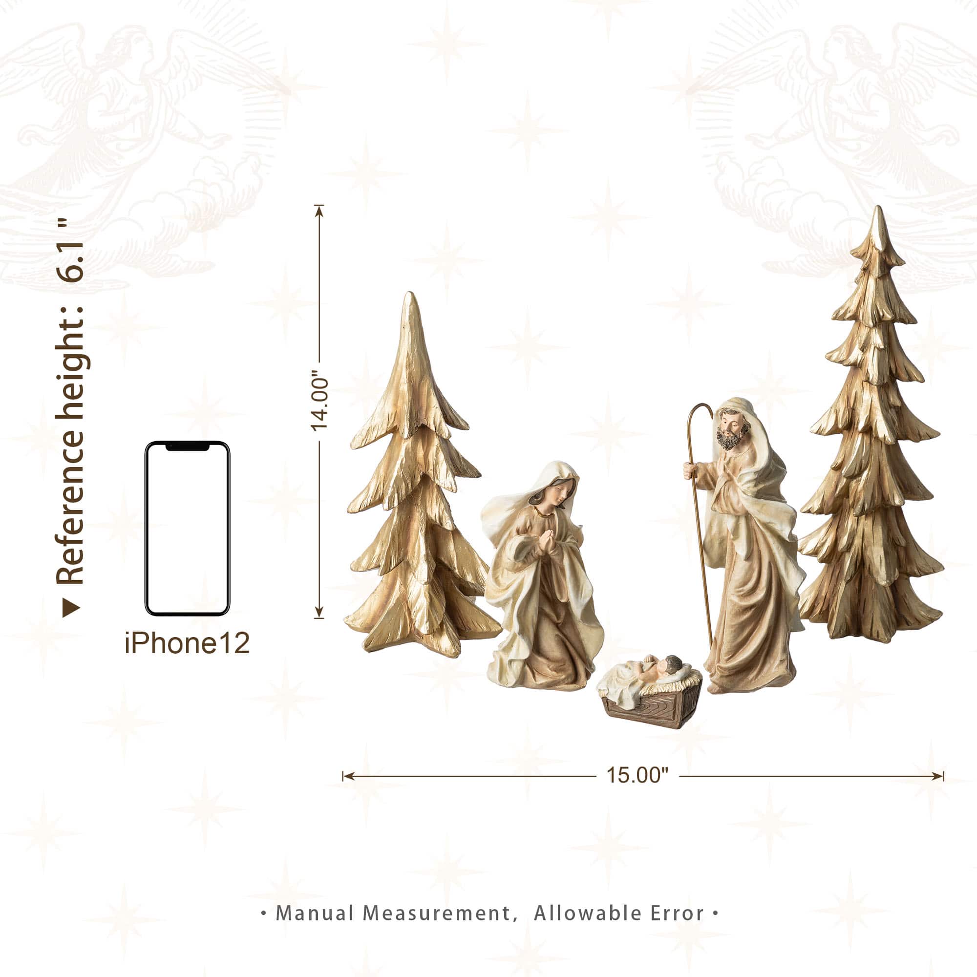 Glitzhome® 5-Piece Gold Resin Holy Family with Christmas Trees Set