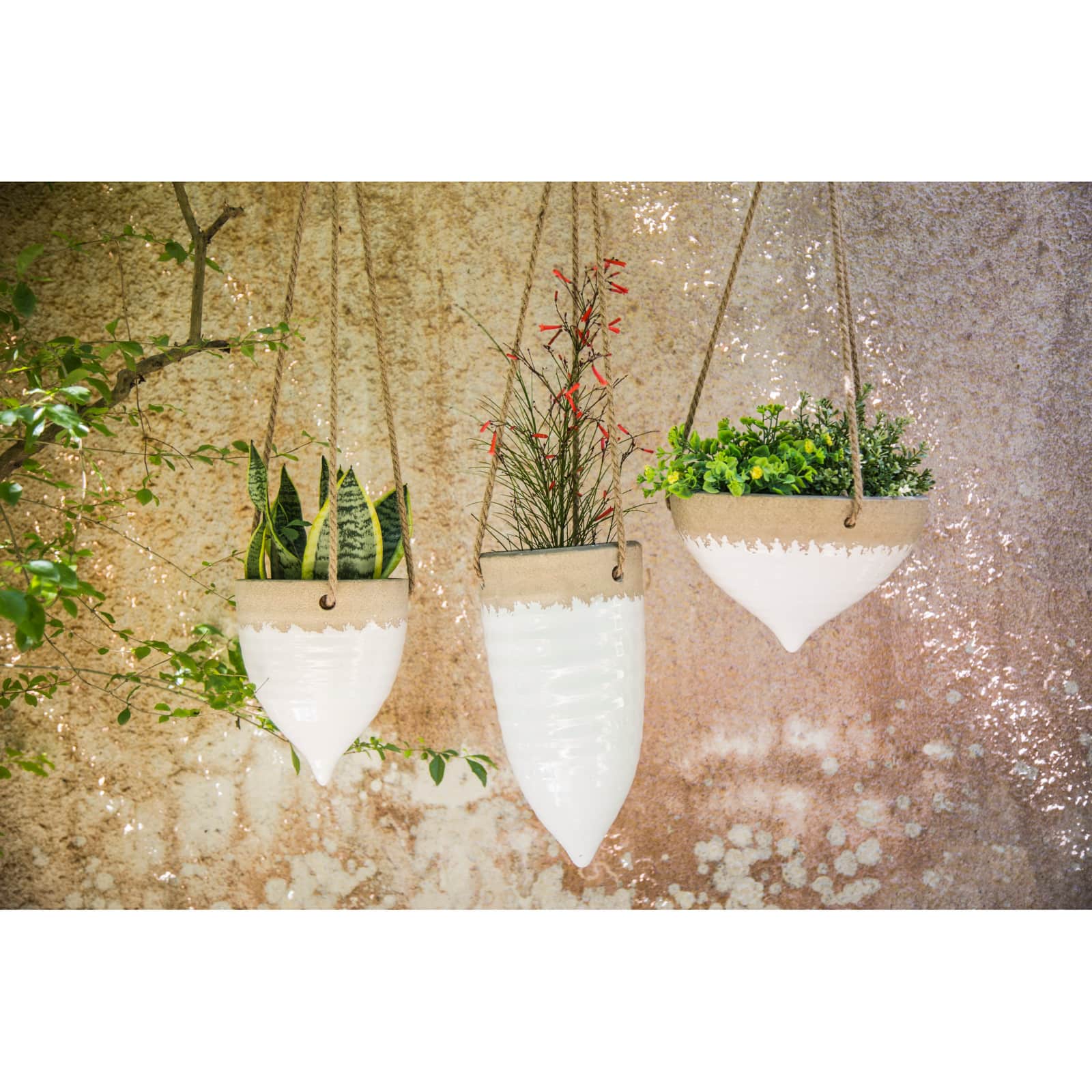 Hello Honey® 8.5" White Stoneware Hanging Planter with Jute Rope