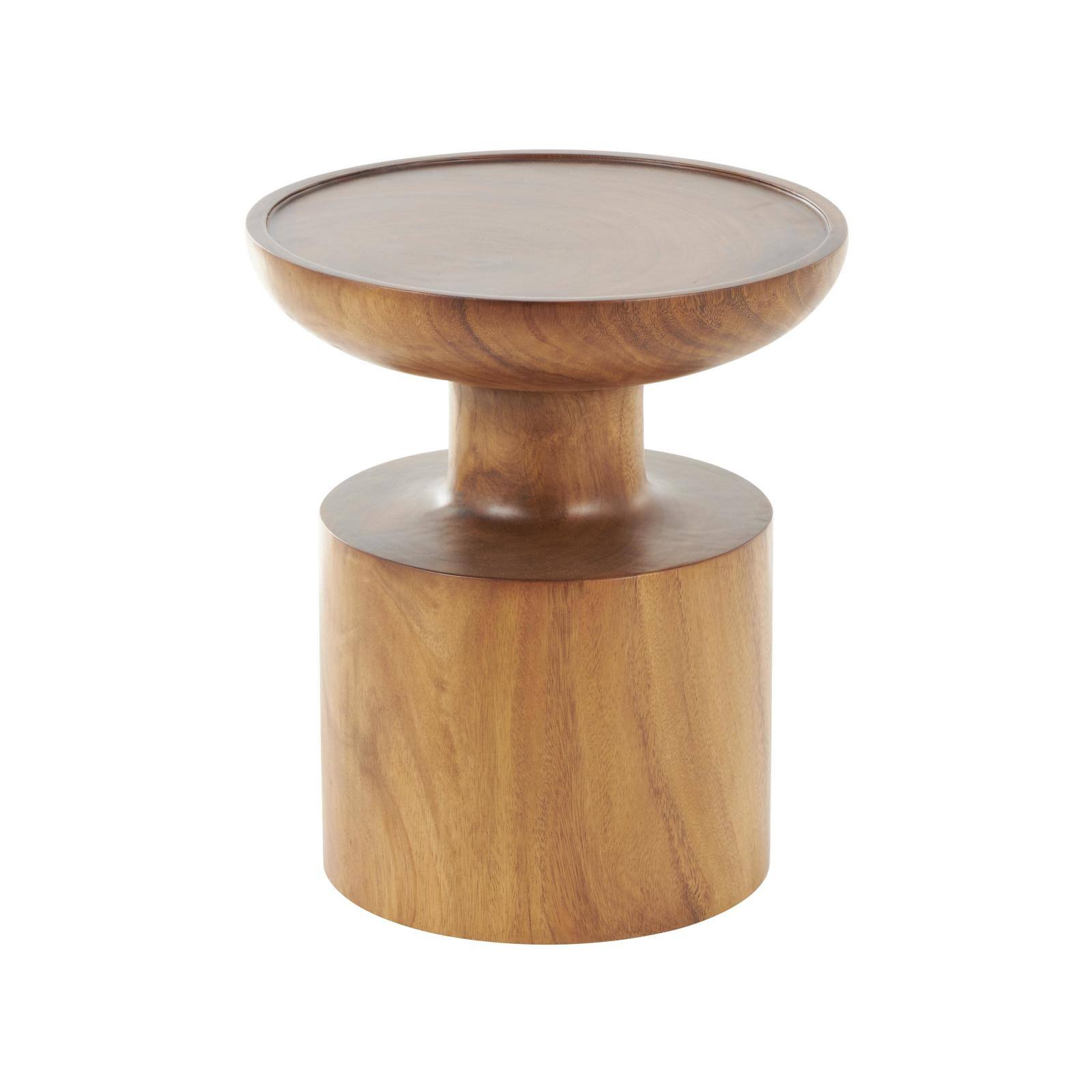 17.75" Brown Wood Handmade Accent Table with Cylinder Block Base