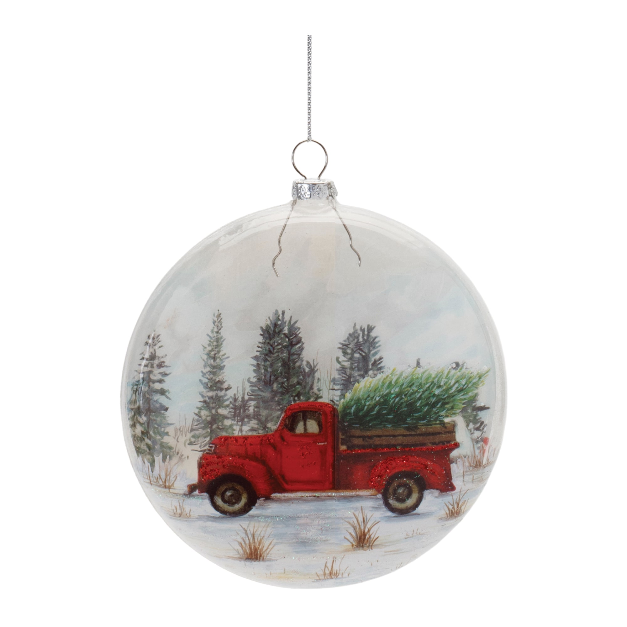 5.75&#x22; Glittered Glass Pickup Truck Disc Ornaments, 6ct.