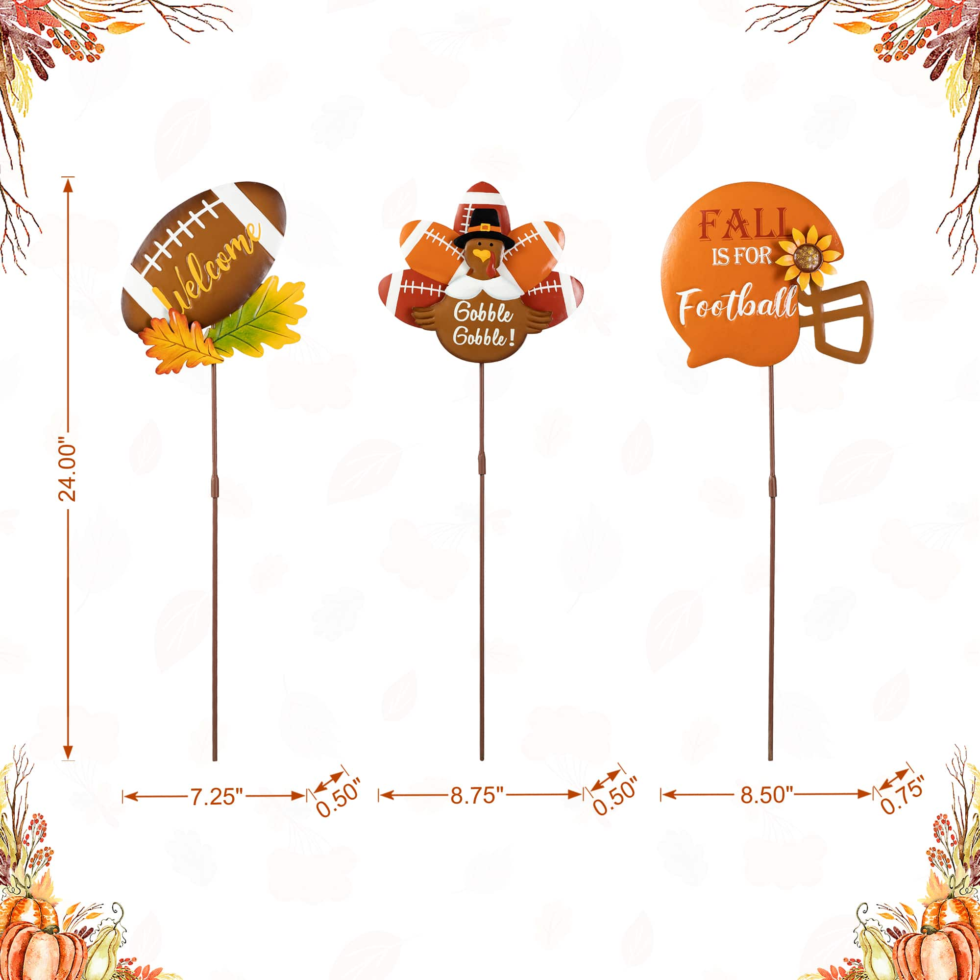 Glitzhome&#xAE; 24&#x22; Thanksgiving Metal Football &#x26; Turkey Yard Stakes Set