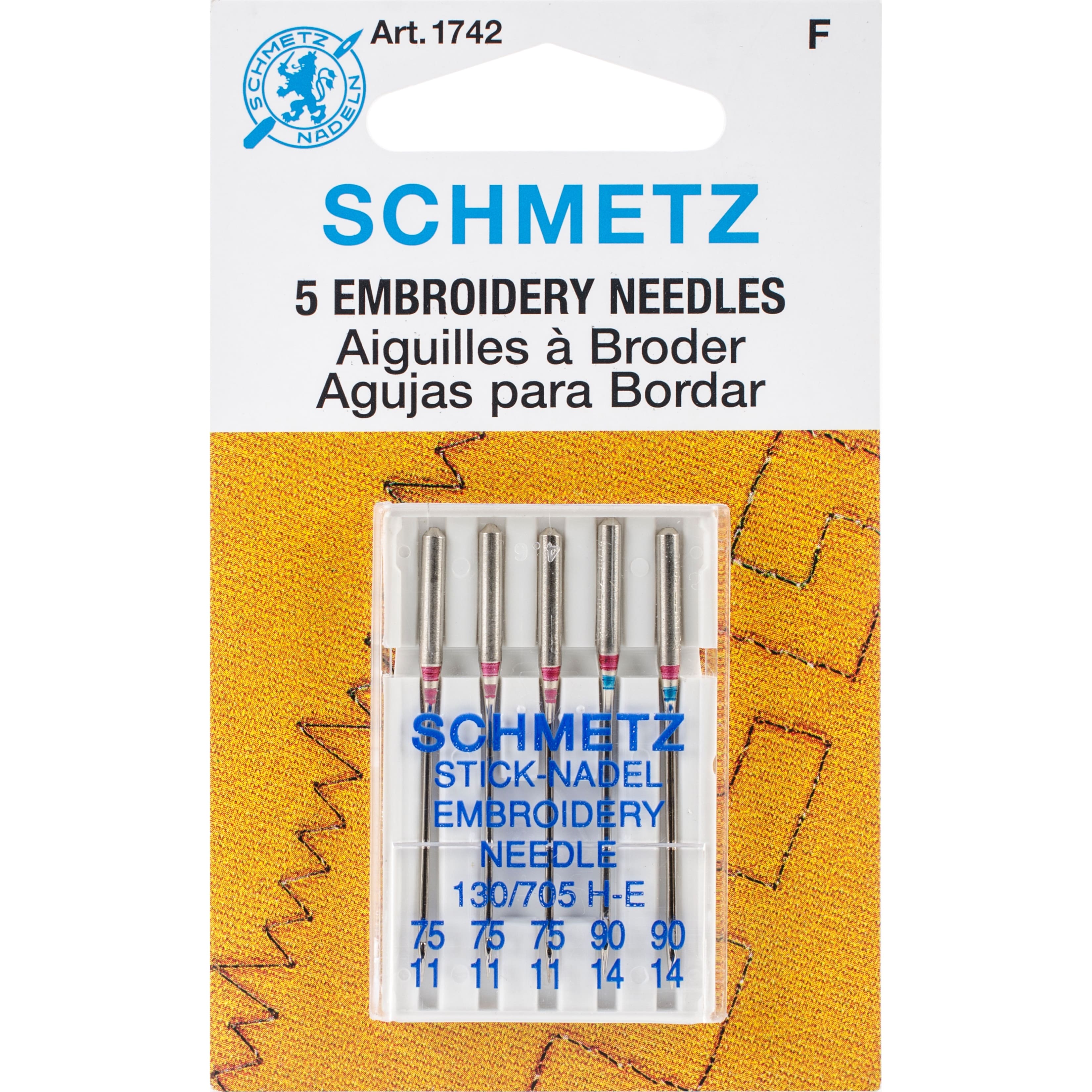 Euro-Notions Schmetz Embroidery Machine Needles, 11/75 (3) & 14/90 (2)