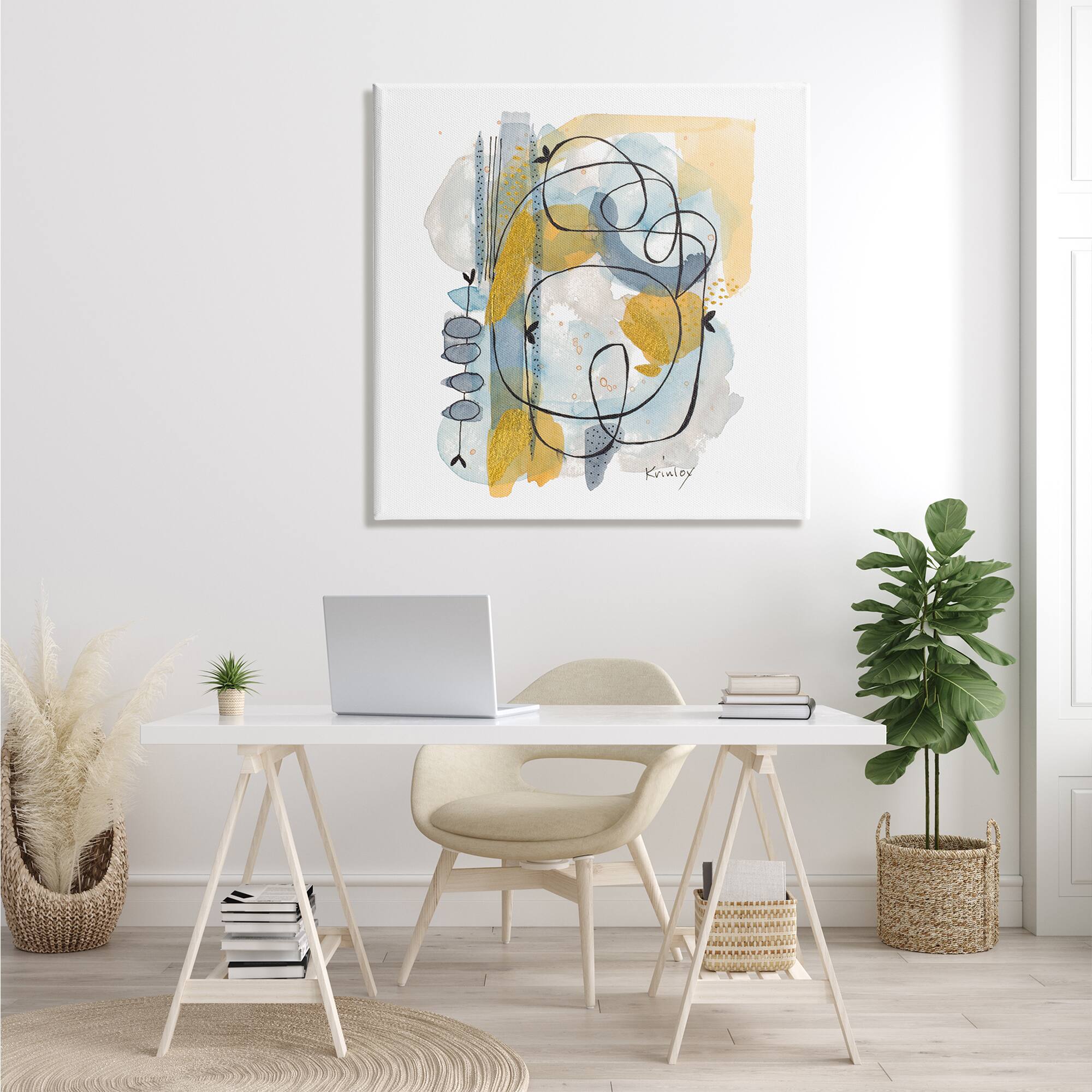 Stupell Industries Modern Leaf Line Abstraction Yellow Blue Watercolor Canvas Wall Art
