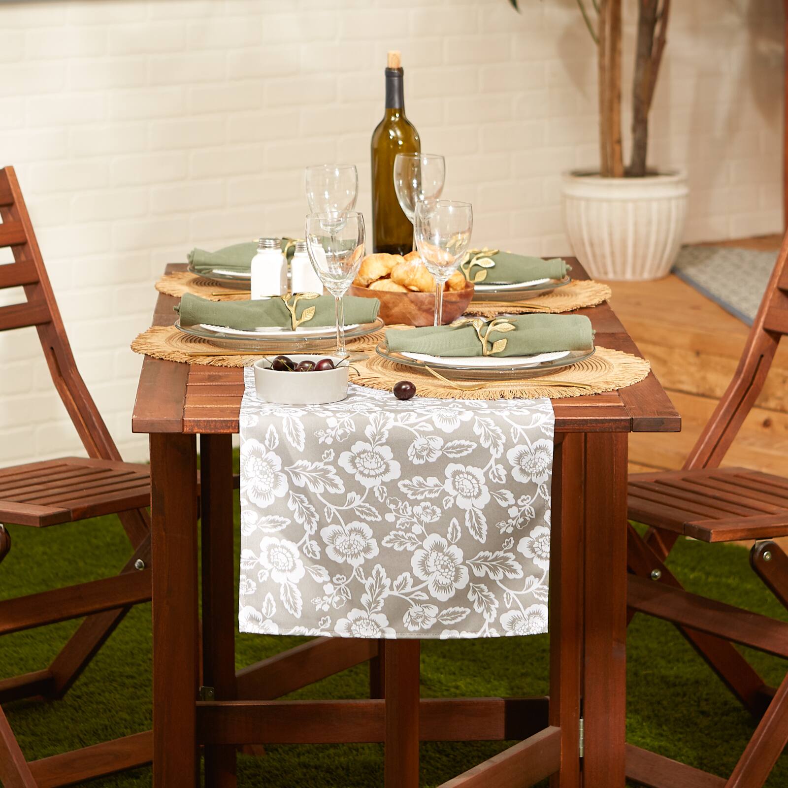 Stone  Floral Print Outdoor Table Runner, 14" x 72"