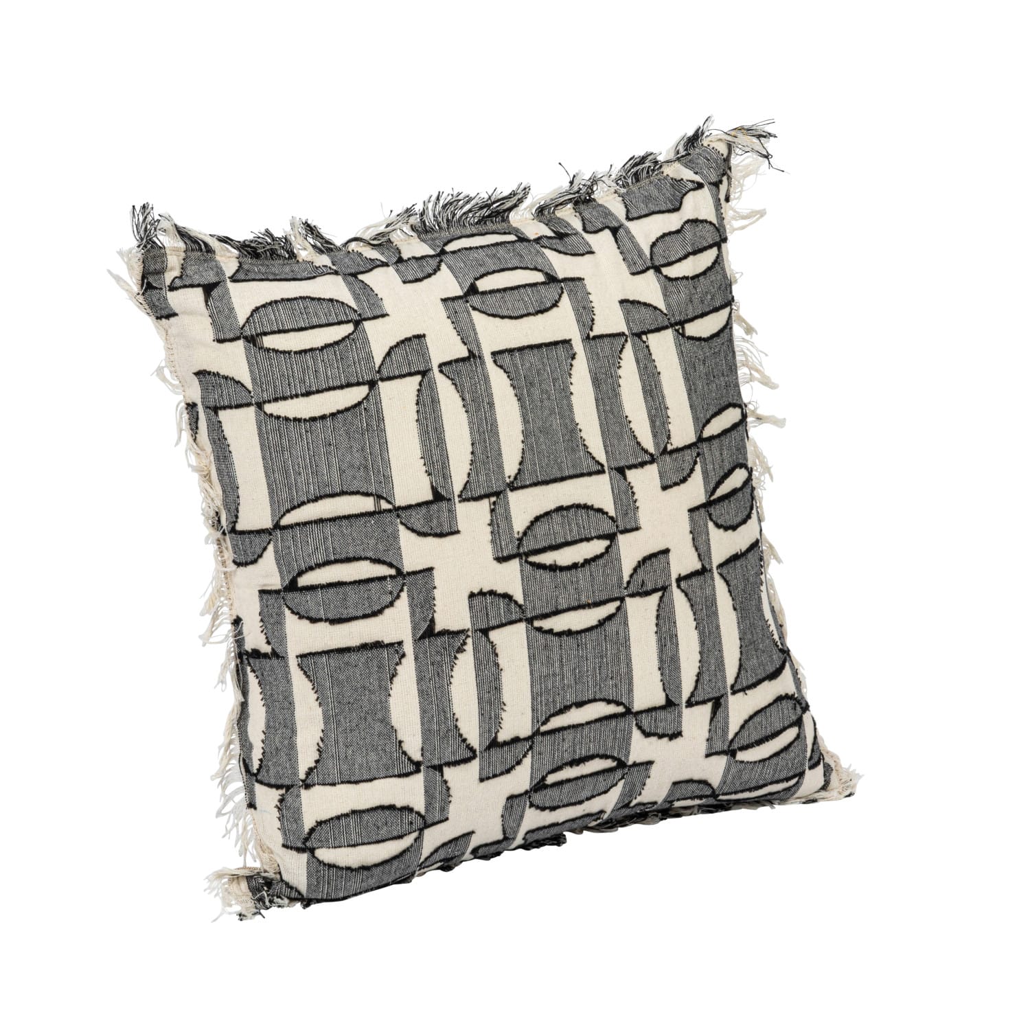 Hello Honey&#xAE; Multicolored Geometric Pattern Woven Cotton Pillow with Chambray Back &#x26; Fringe