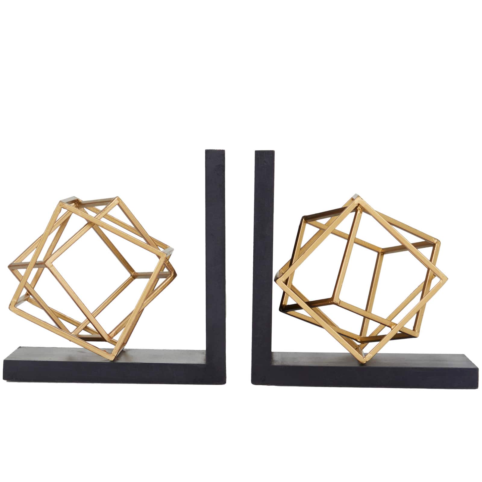 The Novogratz 8&#x22; Gold Stainless Steel Overlapping Cube Geometric Bookends with Black Bases Set