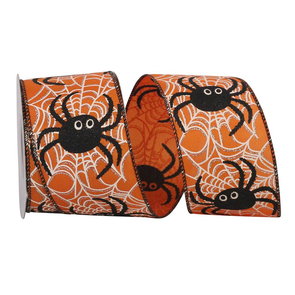 Reliant 2.5" x 10yd. Orange Spider Web Glitter Halloween Wired Ribbon