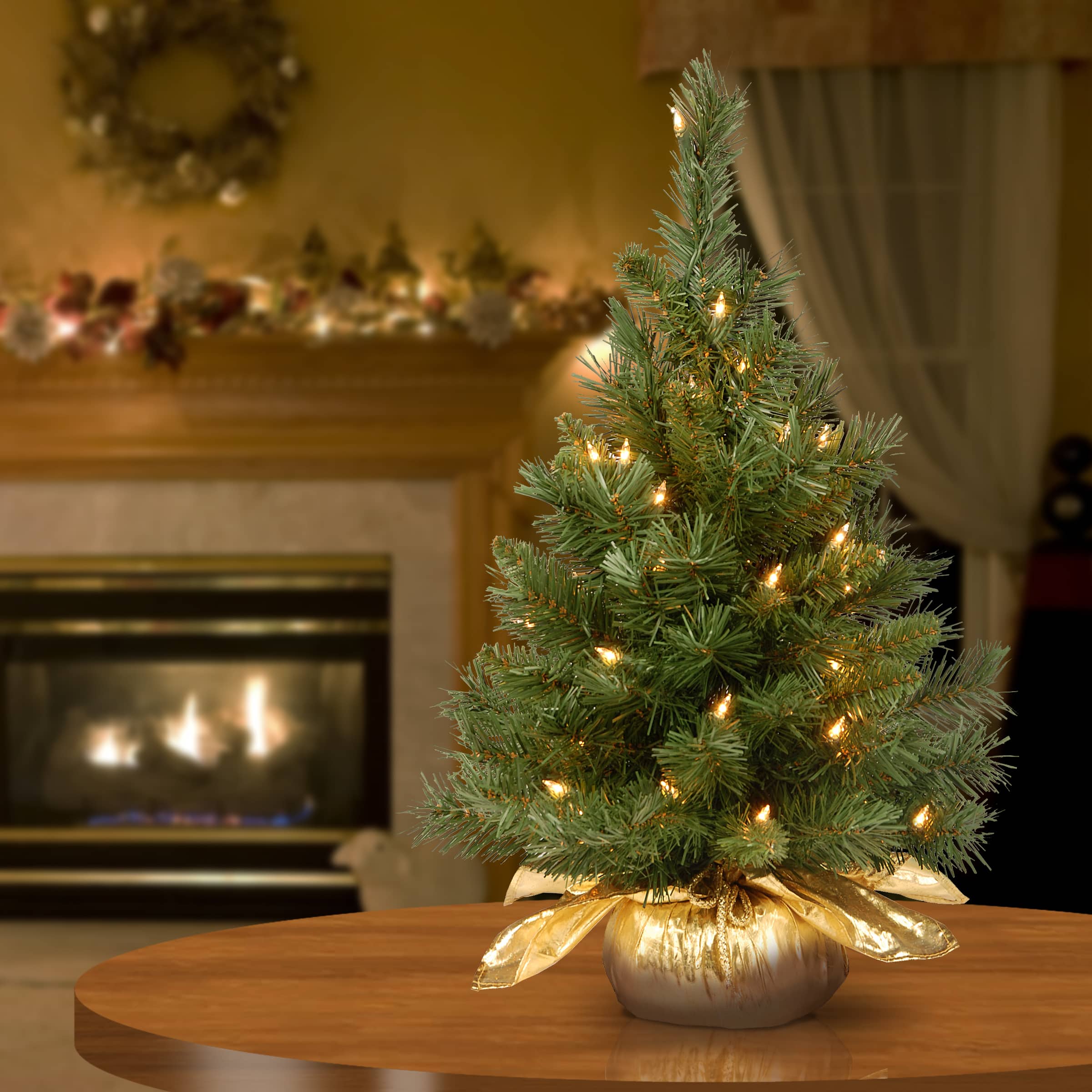 24&#x22; Pre-Lit Majestic Fir Tree In Gold Cloth Bag, Clear Lights