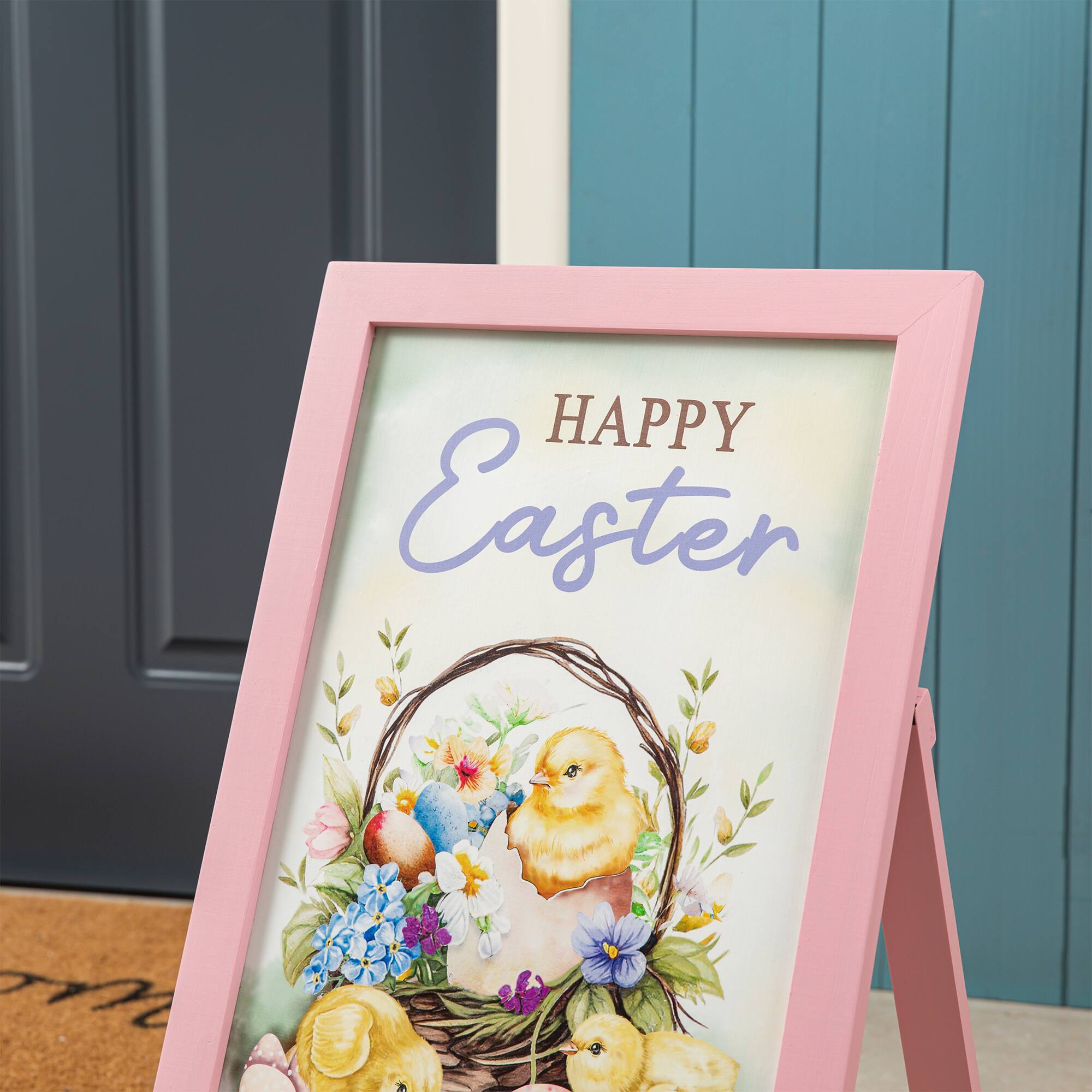 Glitzhome&#xAE; 23.75&#x22; Easter Wooden Chicks Easel Porch Sign