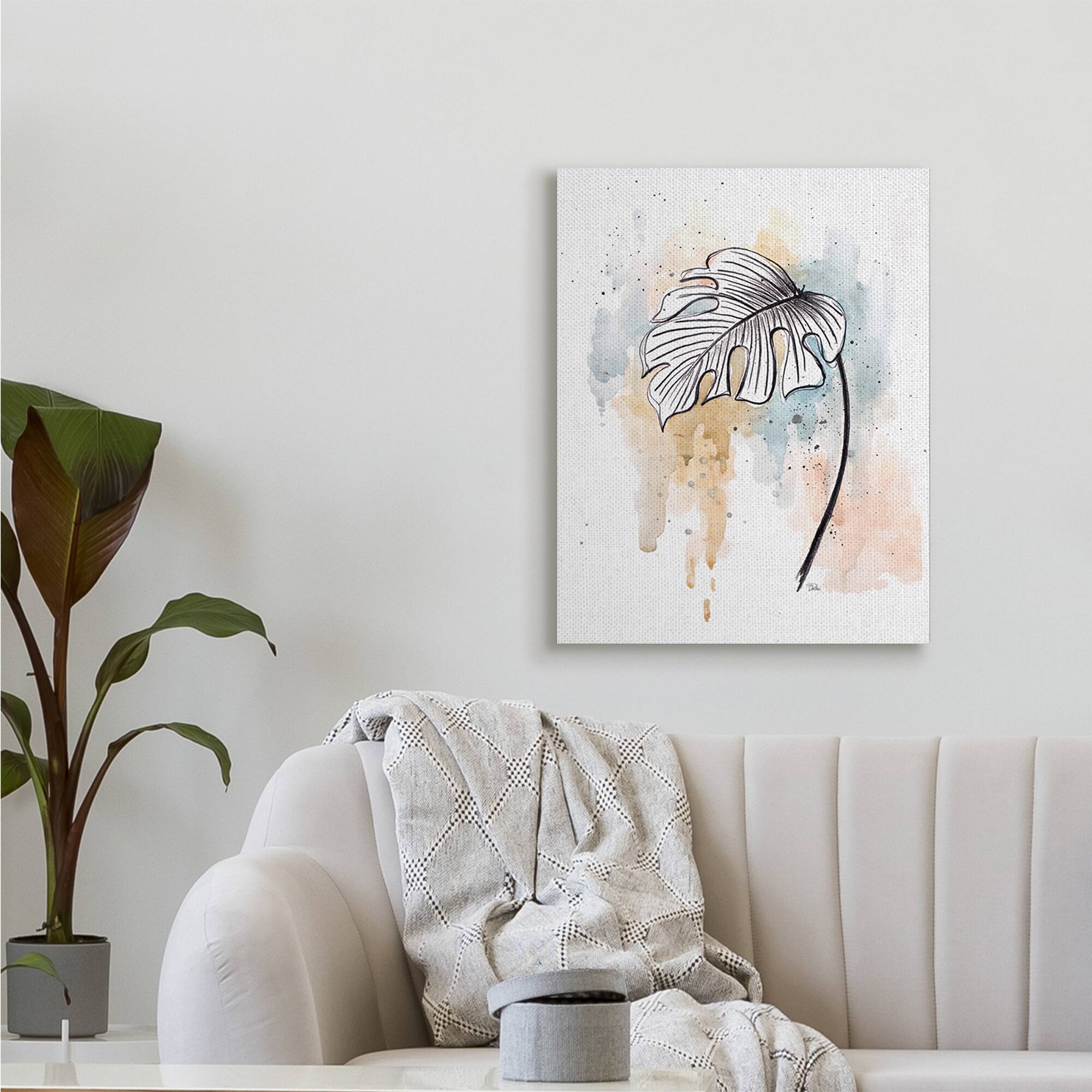 Stupell Industries Monstera Plant Stem Blue Brown Splatter Watercolor Canvas Wall Art