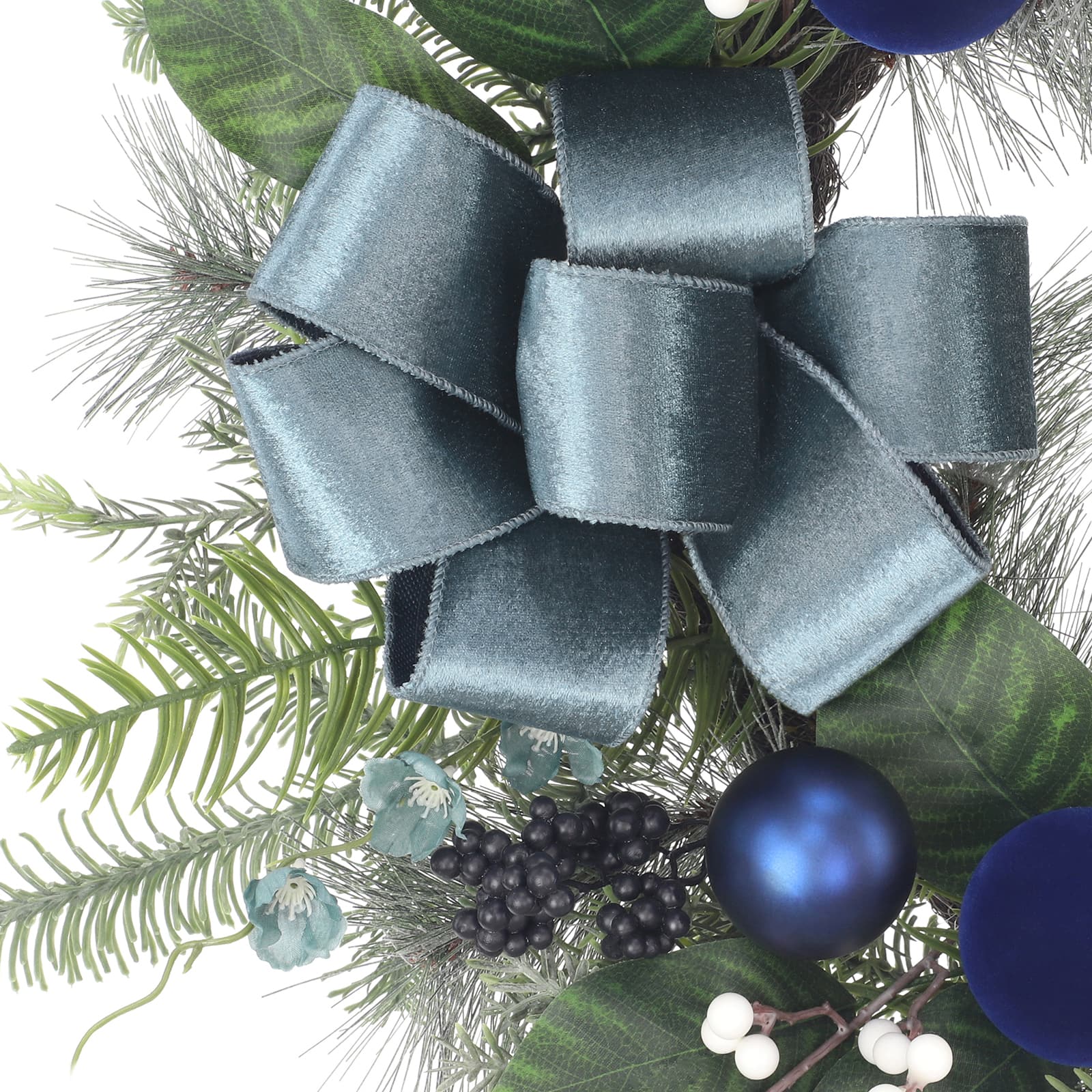 26&#x22; Pine Leaf, Blue Ornament &#x26; White Berry Wreath with Bow by Ashland&#xAE;