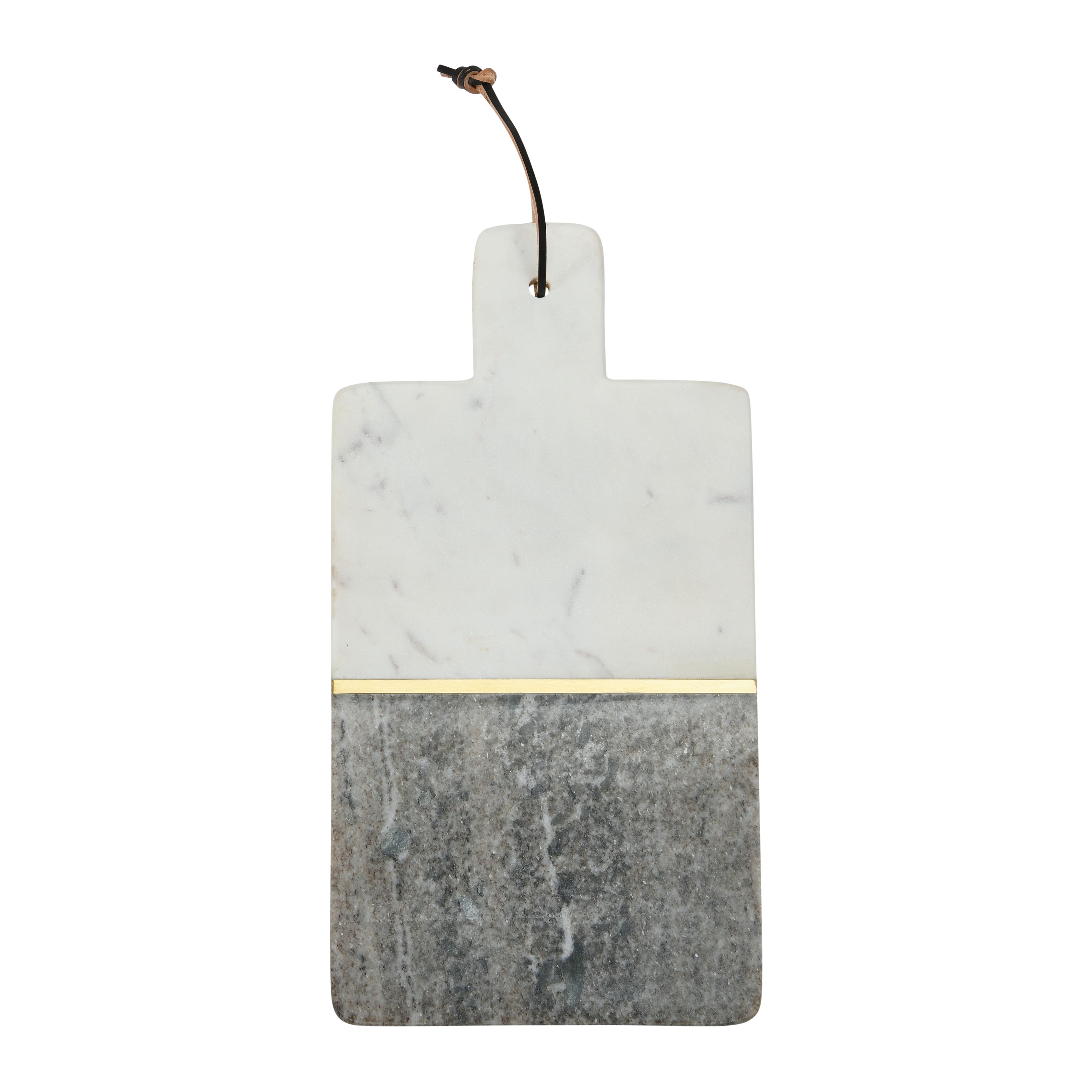 15&#x22; Gray and White Boho 2-Tone Marble Charcuterie or Cutting Board with Brass Inlay and Leather Tie