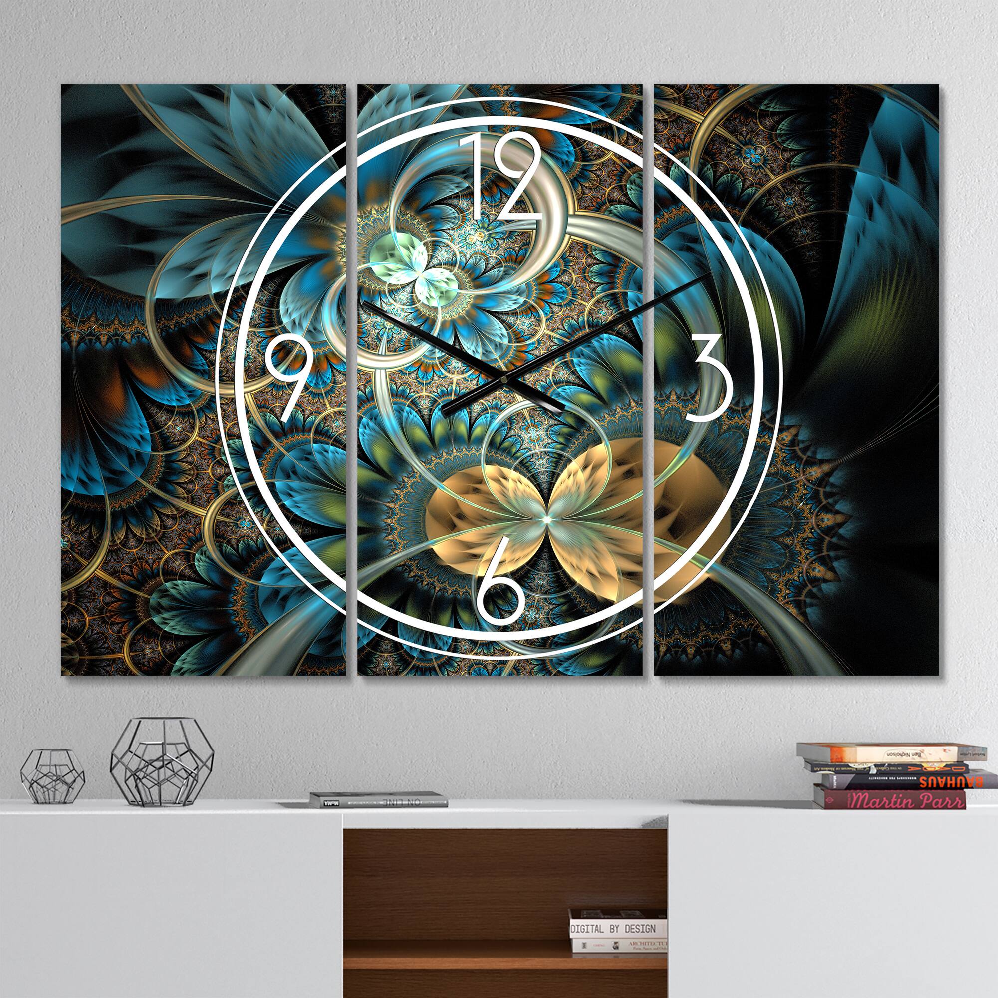 Designart Symmetrical Blue Gold Fractal Flower Multipanel Wall Clock